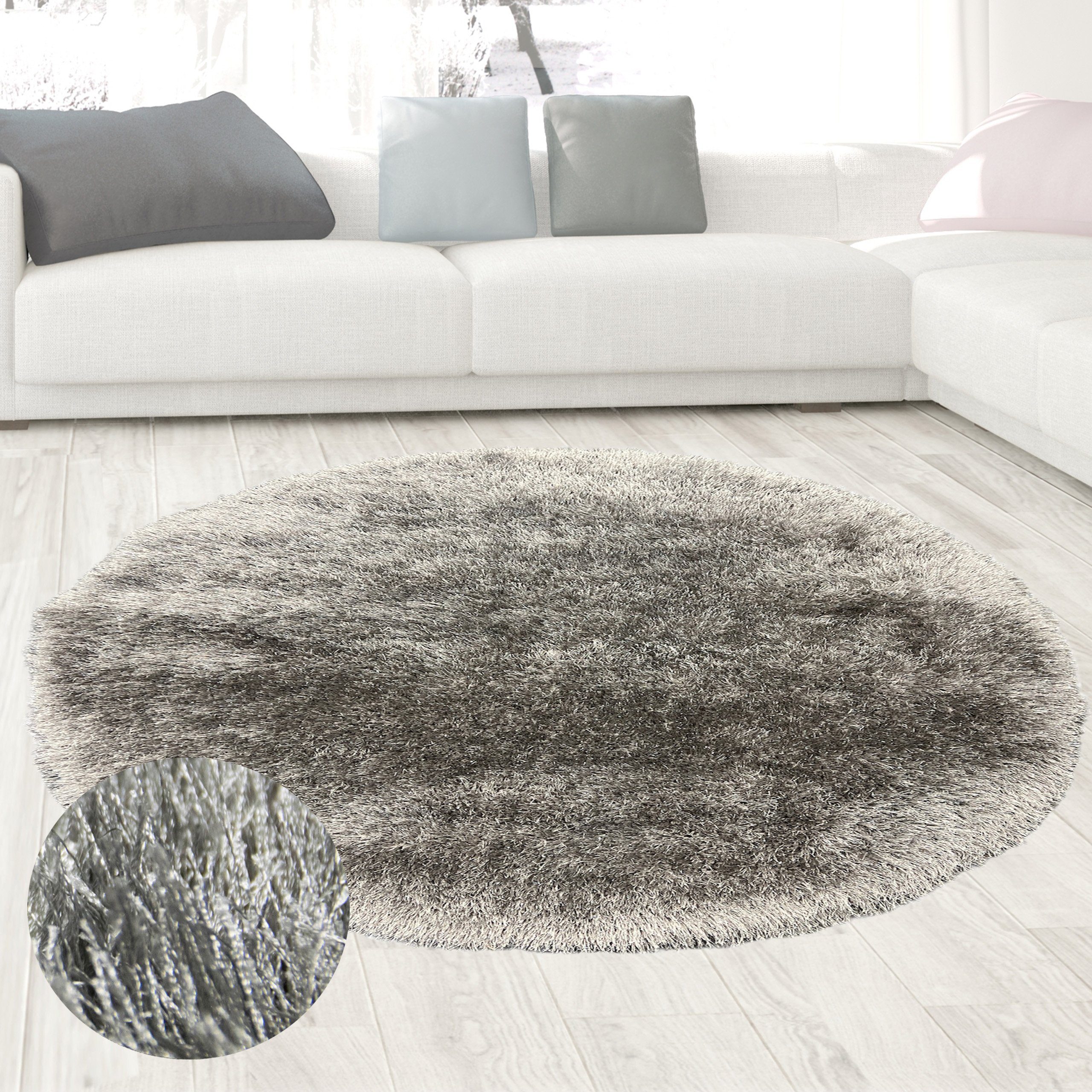 Teppich Wertvoller Shaggy Teppich Hochflor mit Glitzer Grau, Carpetia, rund, Höhe: 70 mm
