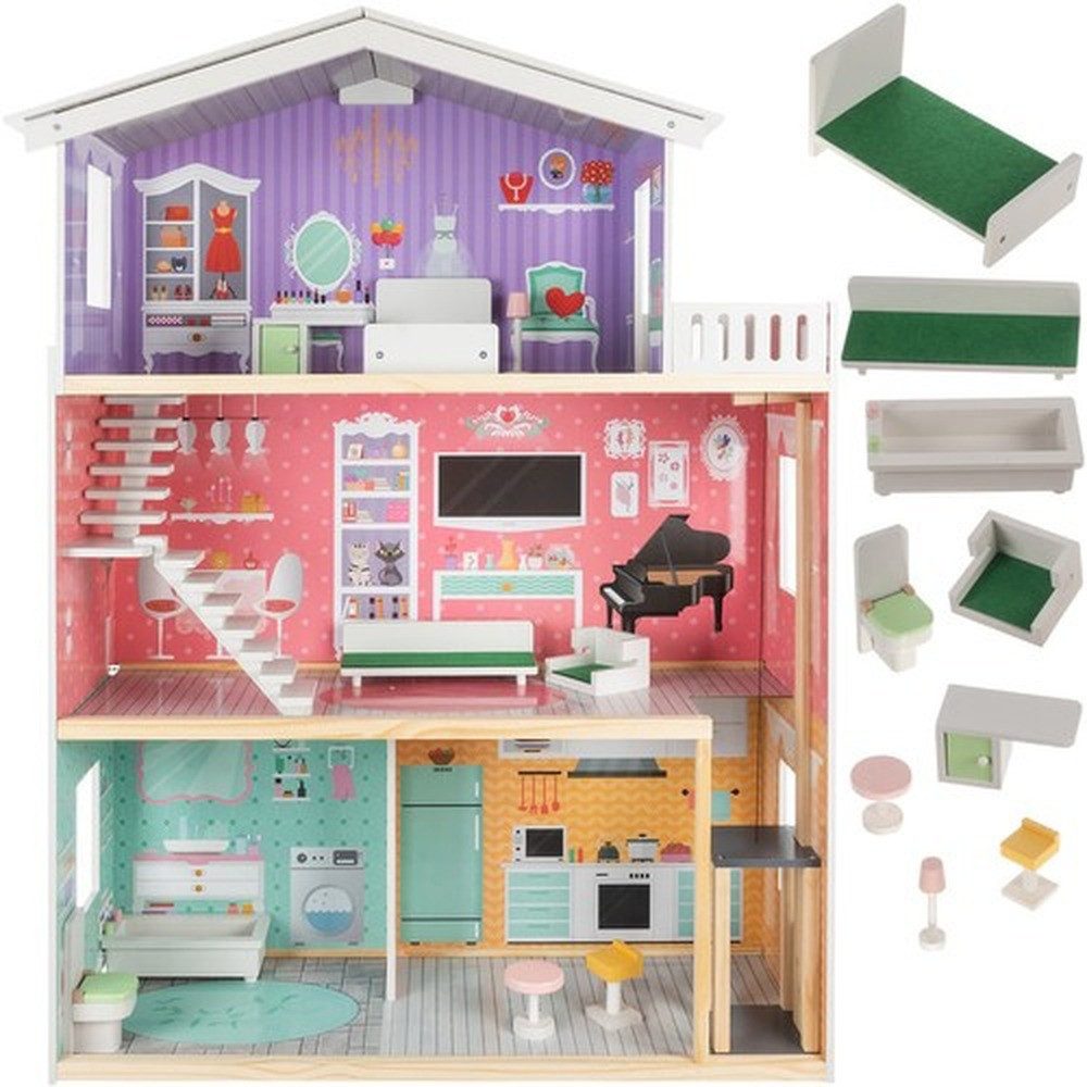 KRUZZEL Puppenhaus Großes Puppenhaus Holzvilla, (Spar-Set, Aufzug + Möbel), Dreistöckige Holzvilla mit 4 Zimmern, Balkon und 114 cm Höhe