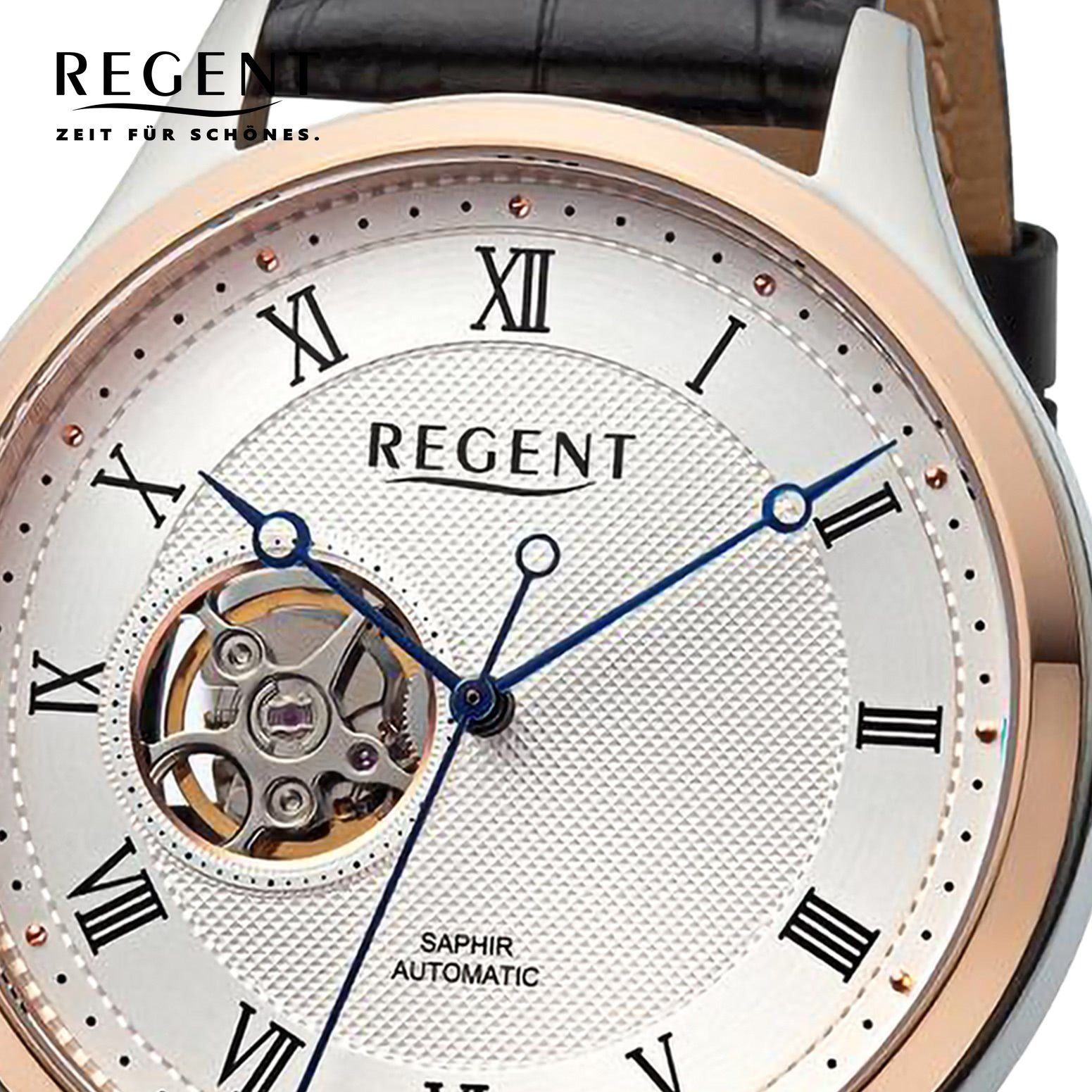 Regent Automatikuhr Regent Herren Armbanduhr Analog, (Analoguhr), Herren Armbanduhr rund, extra groß (ca. 42mm), Lederarmband