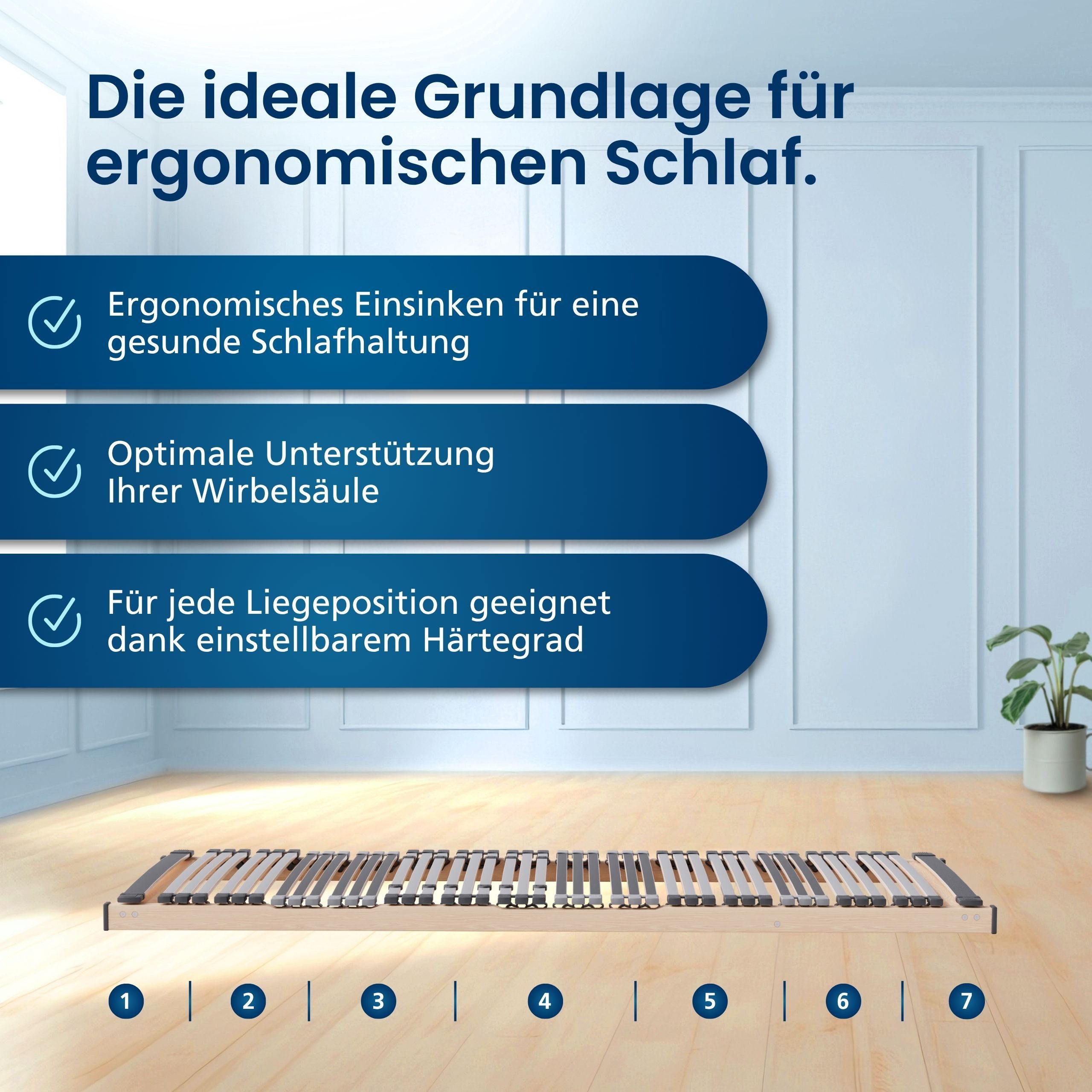 Lattenrost Ergonomischer 7-Zonen Lattenrost, Fertig Montiert, Made in Germany, AM Qualitätsmatratzen, Kopfteil Kopfteil nicht verstellbar, Fußteil Fußteil nicht verstellbar, 90x210 cm
