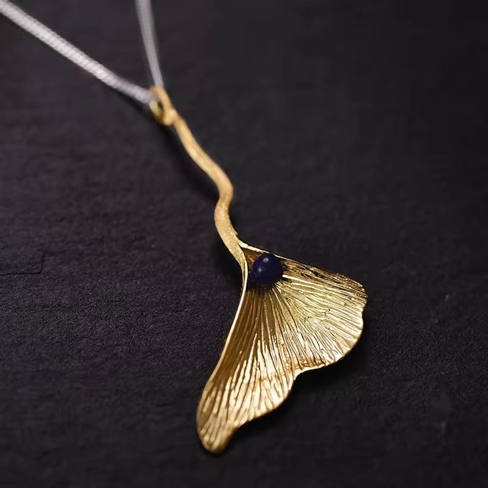 Runde Perlé Kette mit Anhänger Kette mit Ginkgo Blatt Anhänger, 925er Silber, 18K Gold, Edelstein Lapis, Lapislazuli (inkl. Geschenkverpackung)