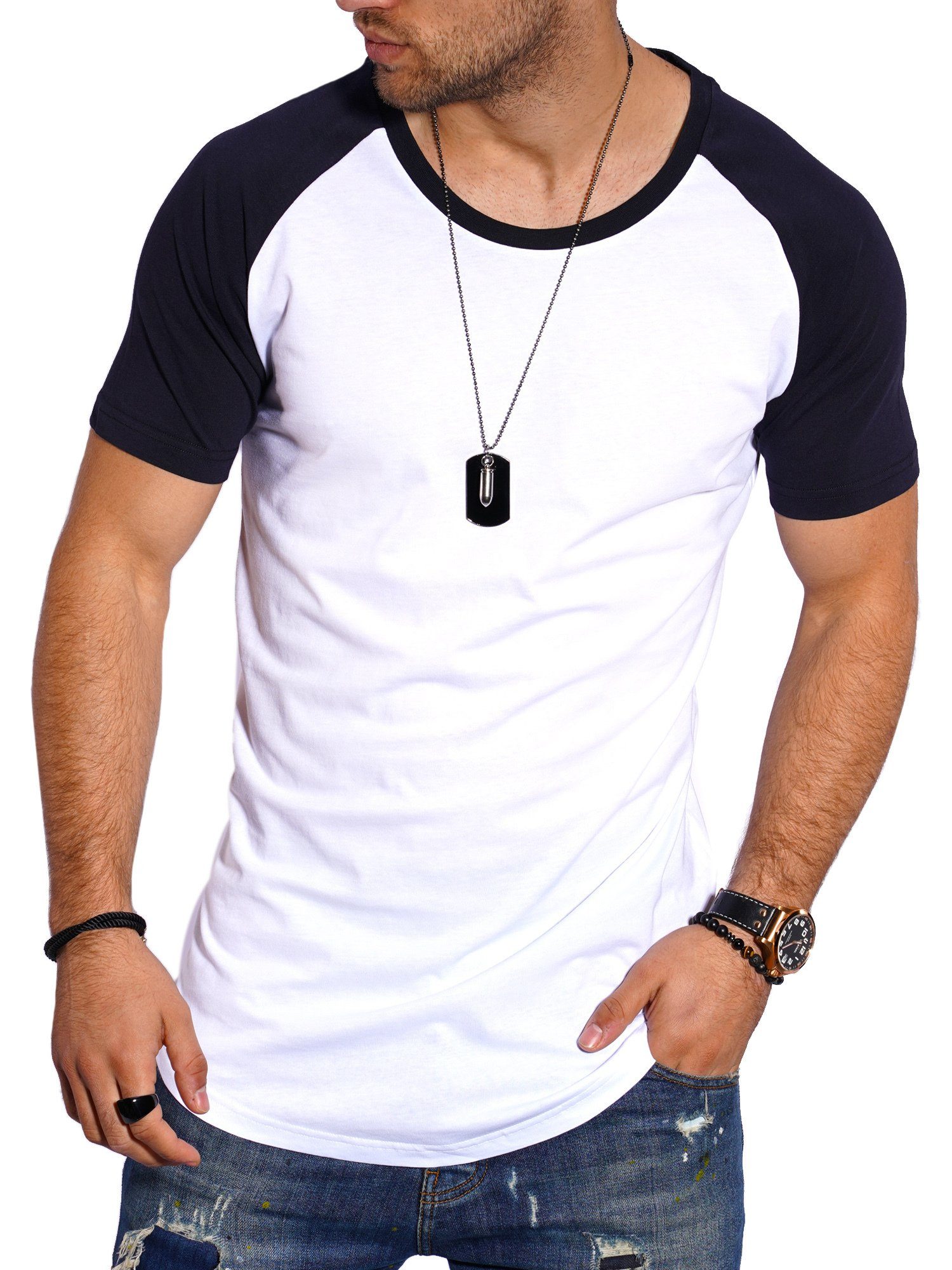 Style-Division im Basic Weiß-Navy T-Shirt Raglan-Stil SDBOISE