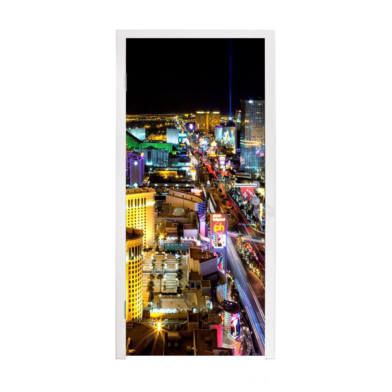 Türtapete für cm St), (1 Vegas Matt, Türaufkleber, Skyline MuchoWow Fototapete Nacht, bedruckt, 75x205 - Tür, Las -