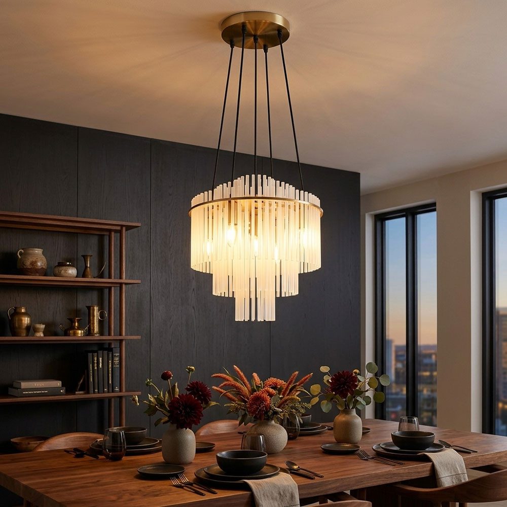 GLOBO LIGHTING Kronleuchter, Leuchtmittel nicht inklusive, Kronleuchter Hängelampe Pendelleuchte 5-Flammig E14 Glasstäbe H 120 cm