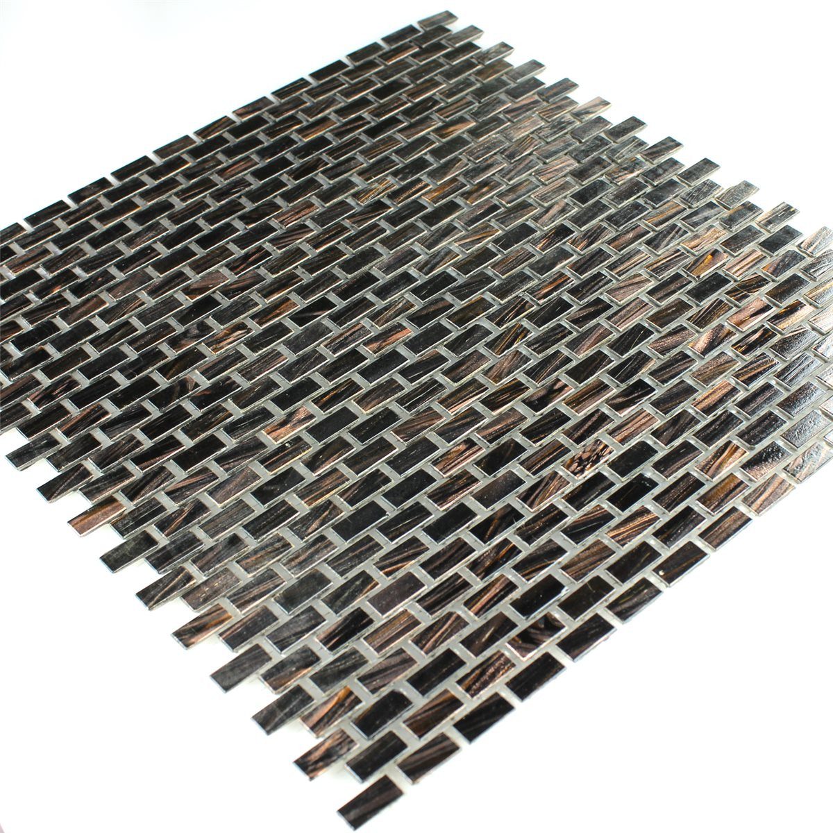 Mosafil Mosaikfliesen Glasmosaik Goldstar Braun Mini Brick, Glas 32.700x30.500, schwarz-braun, Verlegefertig auf ein Netz geklebt - Frostsicher - Wasserfest