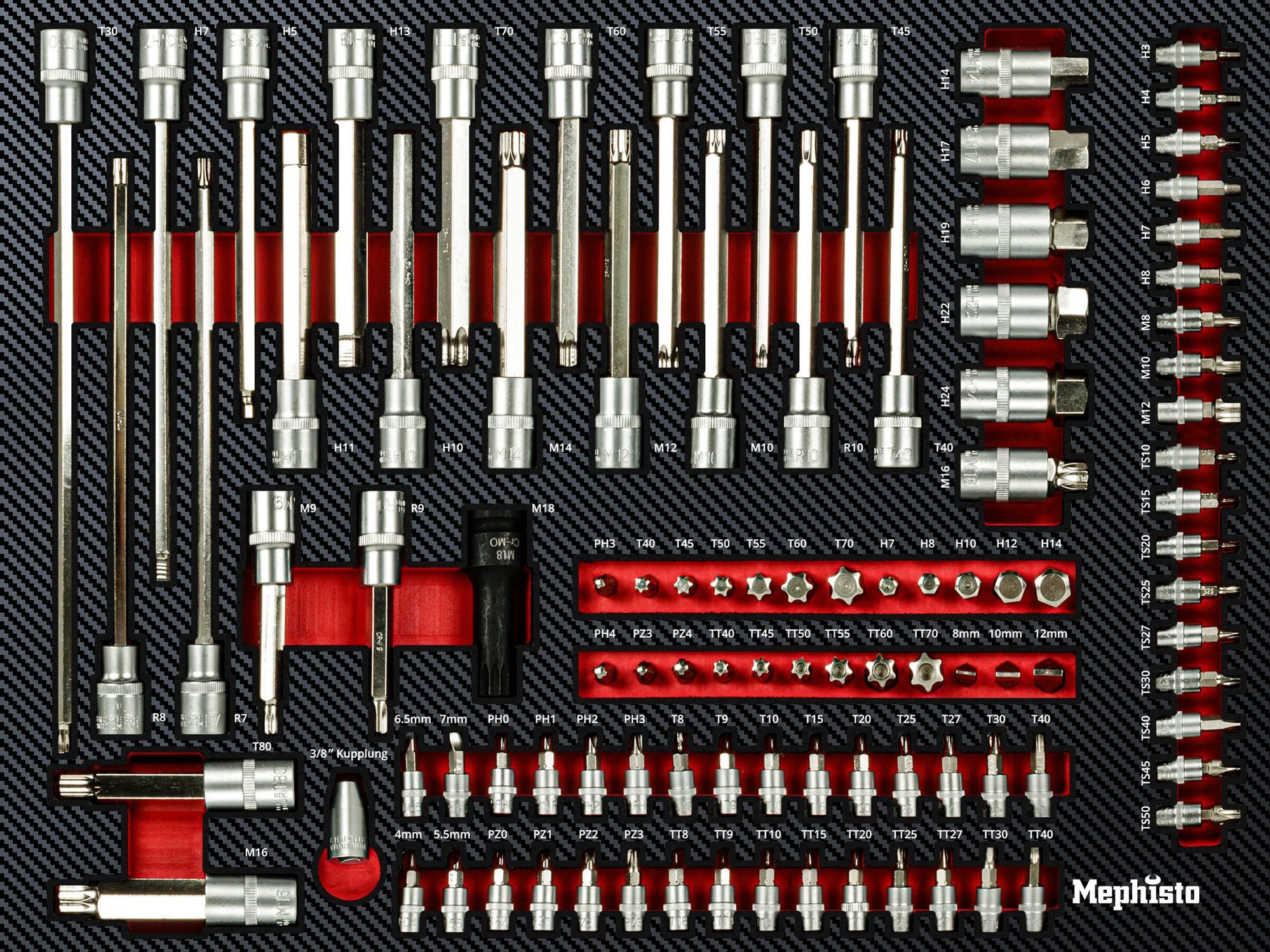 Mephisto-Tools Werkzeugset, (Set), metrisch, inkl. Soft Inlay in Carbon-Optik passend zu WZW 71011