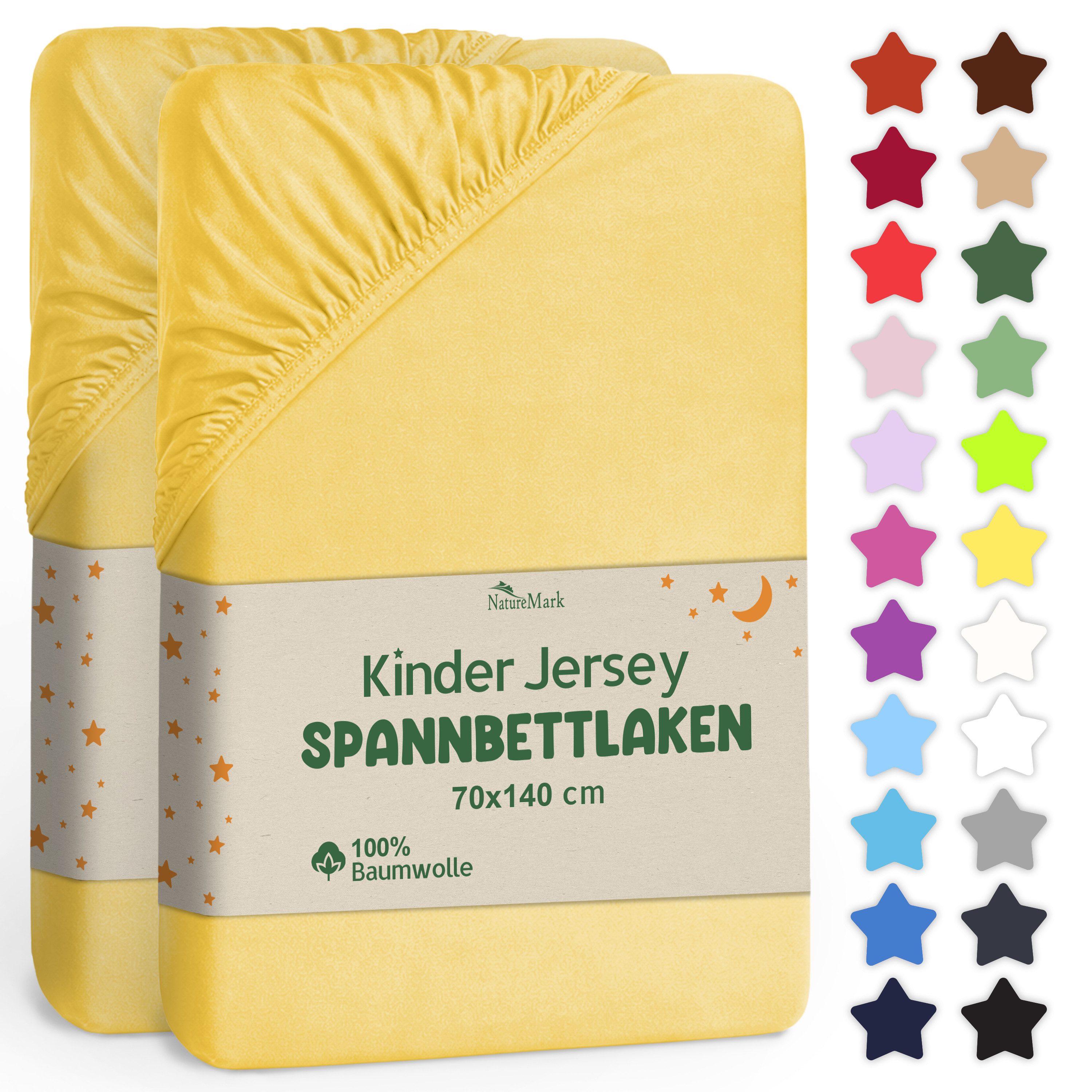 NatureMark Spannbettlaken Jersey Spannbetttuch, 100% Baumwolle, Gummizug: rundum, (2 Stück), Kinder Spannbetttuch, für Baby-/Kinderbett, 70x140 cm, Gelb