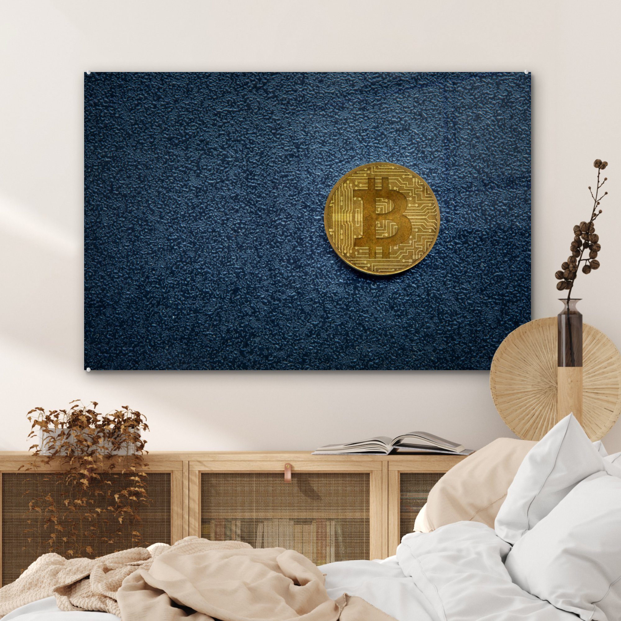 Schlafzimmer Gold Bitcoin MuchoWow (1 Acrylglasbild auf Wohnzimmer Acrylglasbilder Hintergrund, St), & dunklem