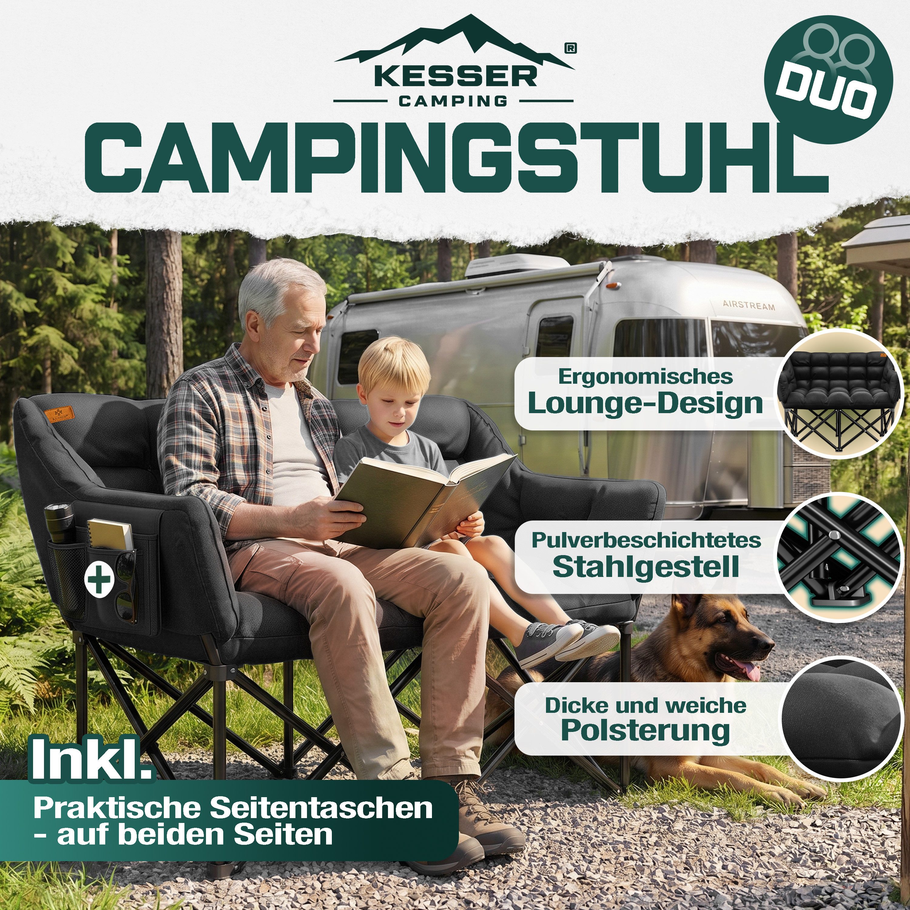 KESSER Campingstuhl für 2 Personen Campingsofa faltbar 300 kg Duo breit & gepolstert, Indoor & Outdoor Campingcouch mit Seitentaschen & Tasche