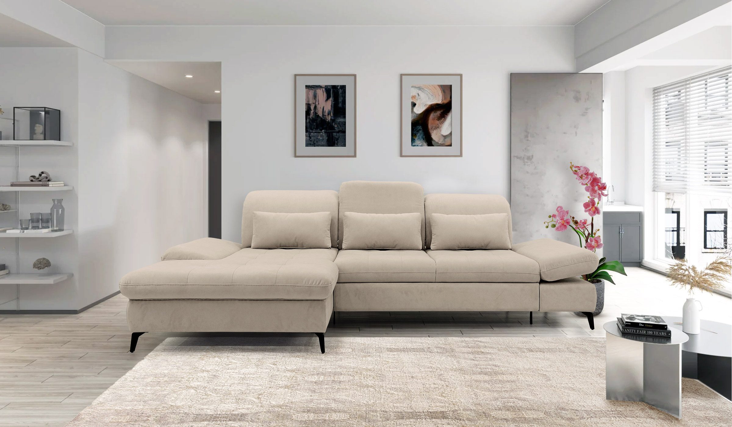 Hygger Möbelhaus Ecksofa Nola L-Form 300 x 170 cm. Wahlweise mit Bettfunktion und Bettkasten., Inkl. Sitztiefenverstellung, Kopfteilverstellung, Armteilverstellung, funktionales Design im minimalistischen Stil.