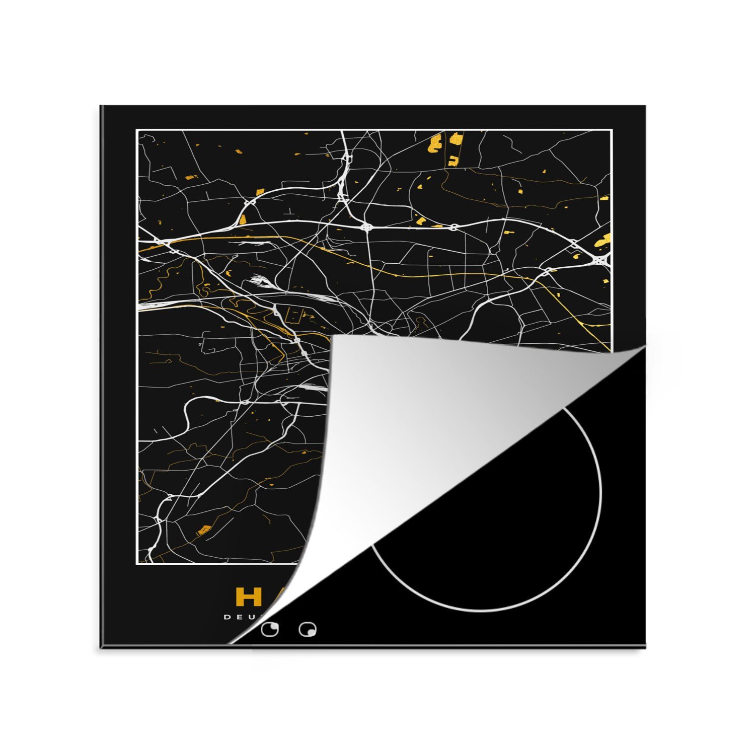MuchoWow Herdblende-/Abdeckplatte Hannover - Gold - Stadtplan - Karte - Deutschland, Vinyl, (1 tlg), 78x78 cm, Ceranfeldabdeckung, Arbeitsplatte für küche