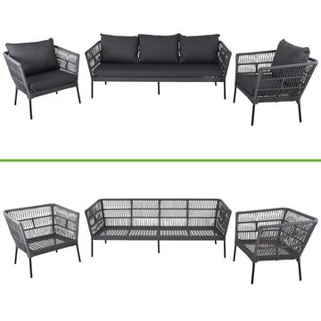 Raburg Gartenlounge-Set Loungegruppe Adina, Aluminium-Gestell in Seiden-Schwarz, (3-tlg, 1 XXL-Sofa & 2 XXL Sessel & Polster), Polster in Schiefer-Grau, Rope-Geflecht in Stein-Grau, bis 5 Personen