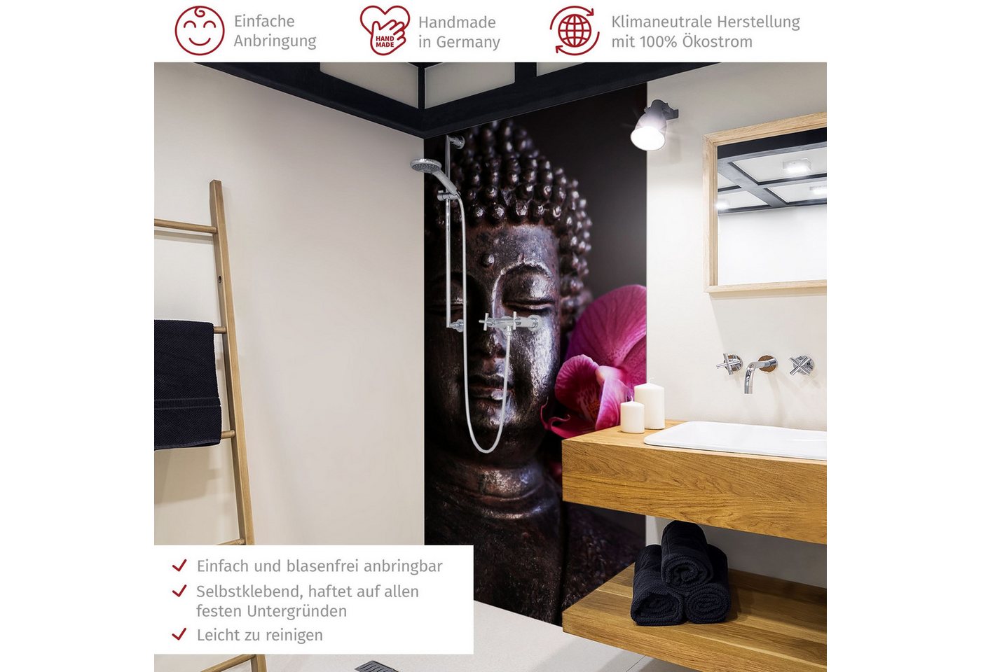 Thumbnail - Bilderdepot24 Badrückwand Buddha schwarz Duschrückwand ohne Bohren Dusche Spirituell, (1-tlg., Hart-Folie Smart matt 0,3...