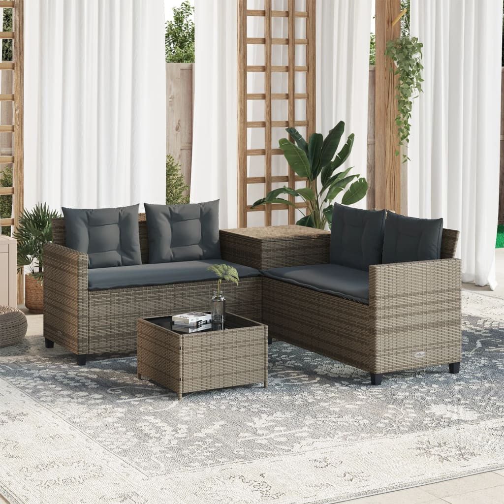 vidaXL Gartenlounge-Set Gartensofa in L-Form mit Tisch und Kissen Grau Poly Rattan, (1-tlg)