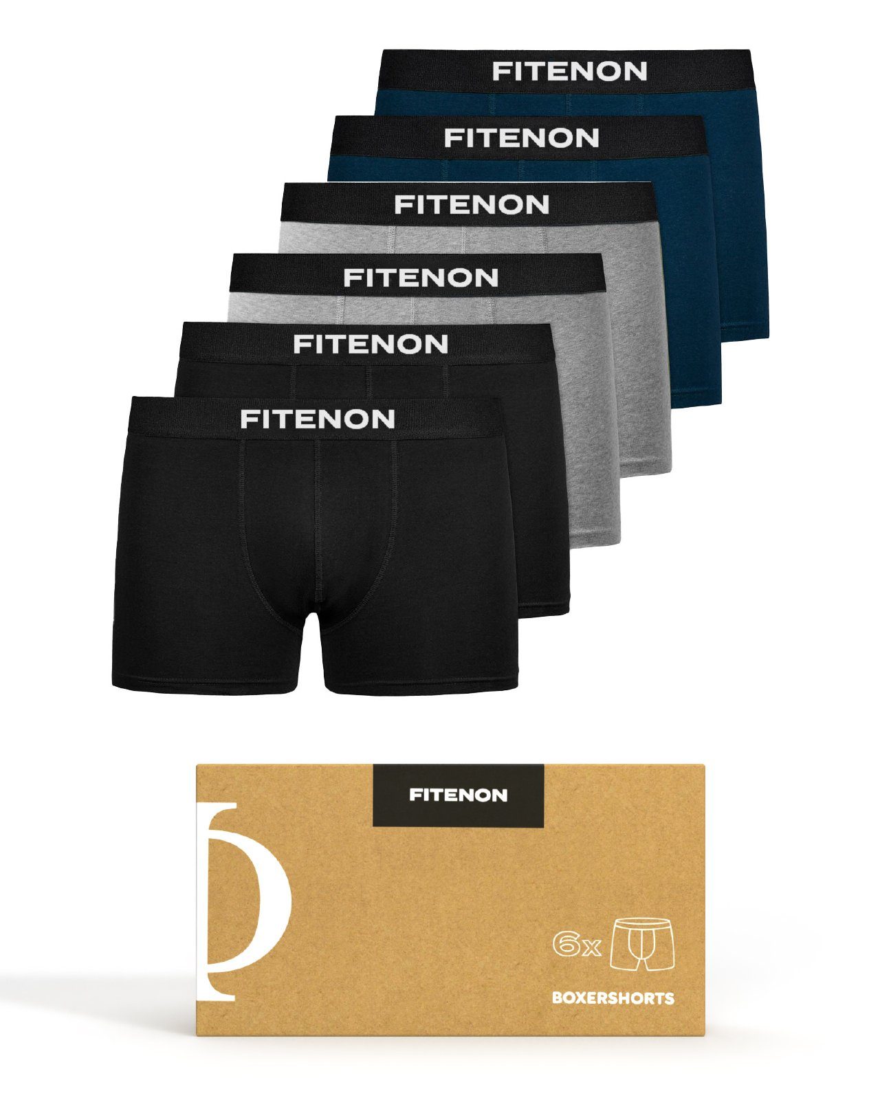 FITENON Boxershorts Herren Unterhosen, Unterwäsche, ohne kratzenden Zettel, Baumwolle (6 er Set) mit Logo-Elastikbund 2x Schwarz 2x Grau 2x Navy