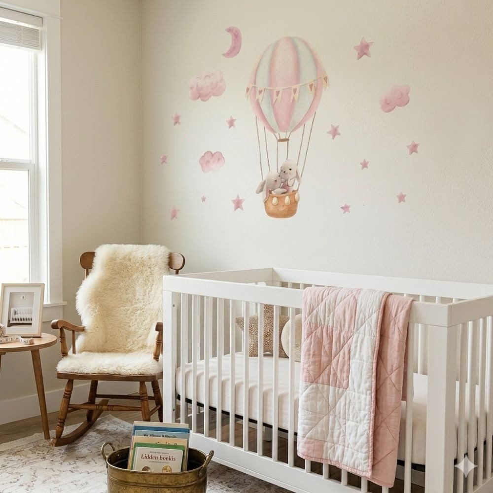 Montegoni Wandsticker Hasen Heißluftballon Wandsticker Babyzimmer Wandtattoo Mädchen (Einzelbogen Set, 1er Set Hasen Wandsticker), Selbstklebend, abnehmbar, was – Bild 3 von 3