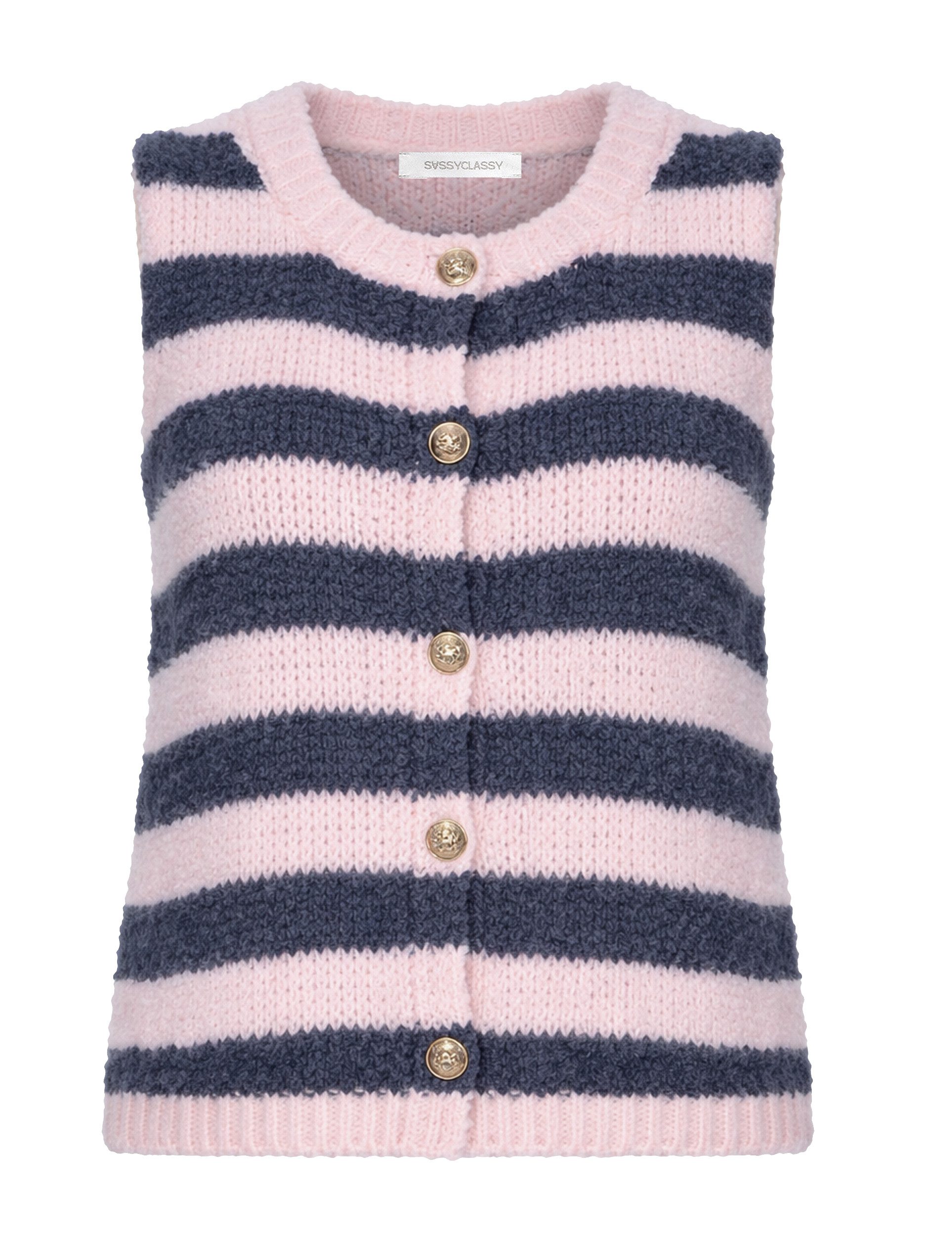 SASSYCLASSY Kurzweste Bouclé-Weste mit aufgesetzten Taschen für Damen Weiche Weste mit goldfarbenen Knöpfen Greige Rosa Schwarz Braun