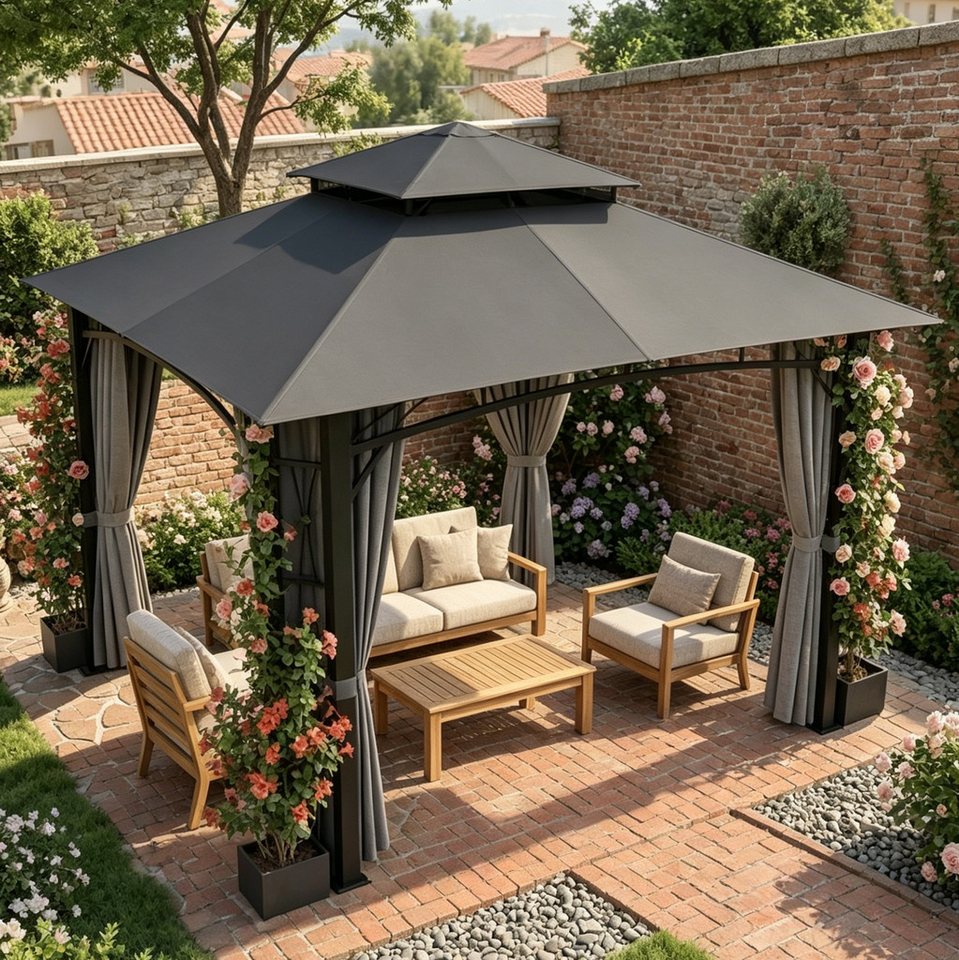GUNJI Pavillon winterfest und wasserdicht, 3x3m Gartenpavillon mit Blumenkasten, (Gartenzelt mit Blatt-Blütendekor & 4 Seitenteilen für Hof, Terrasse und Poolbereich)