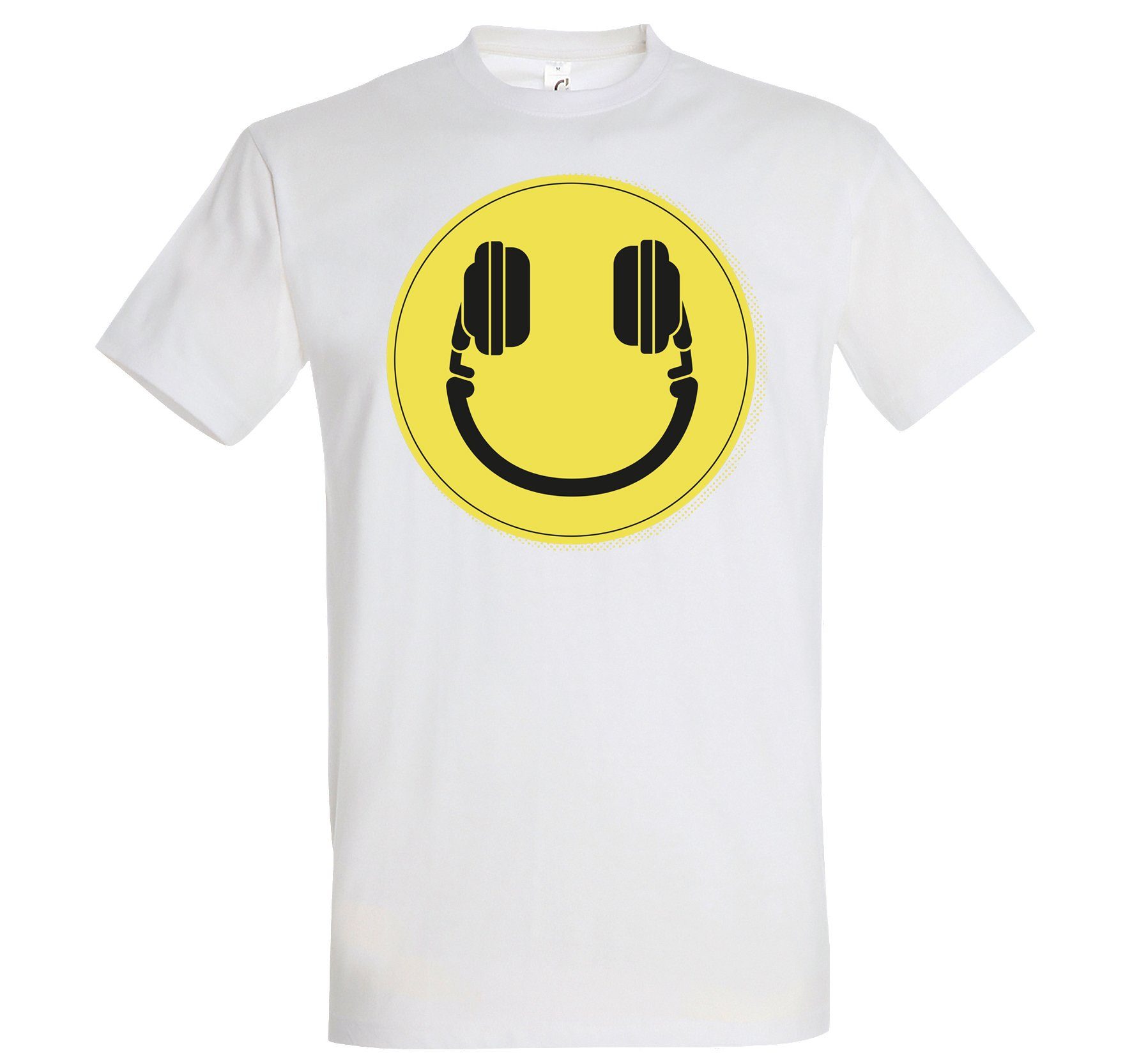 Designz Smiley Headset DJ Smile T-Shirt mit Herren T-Shirt Weiß Frontprint Youth lustigem