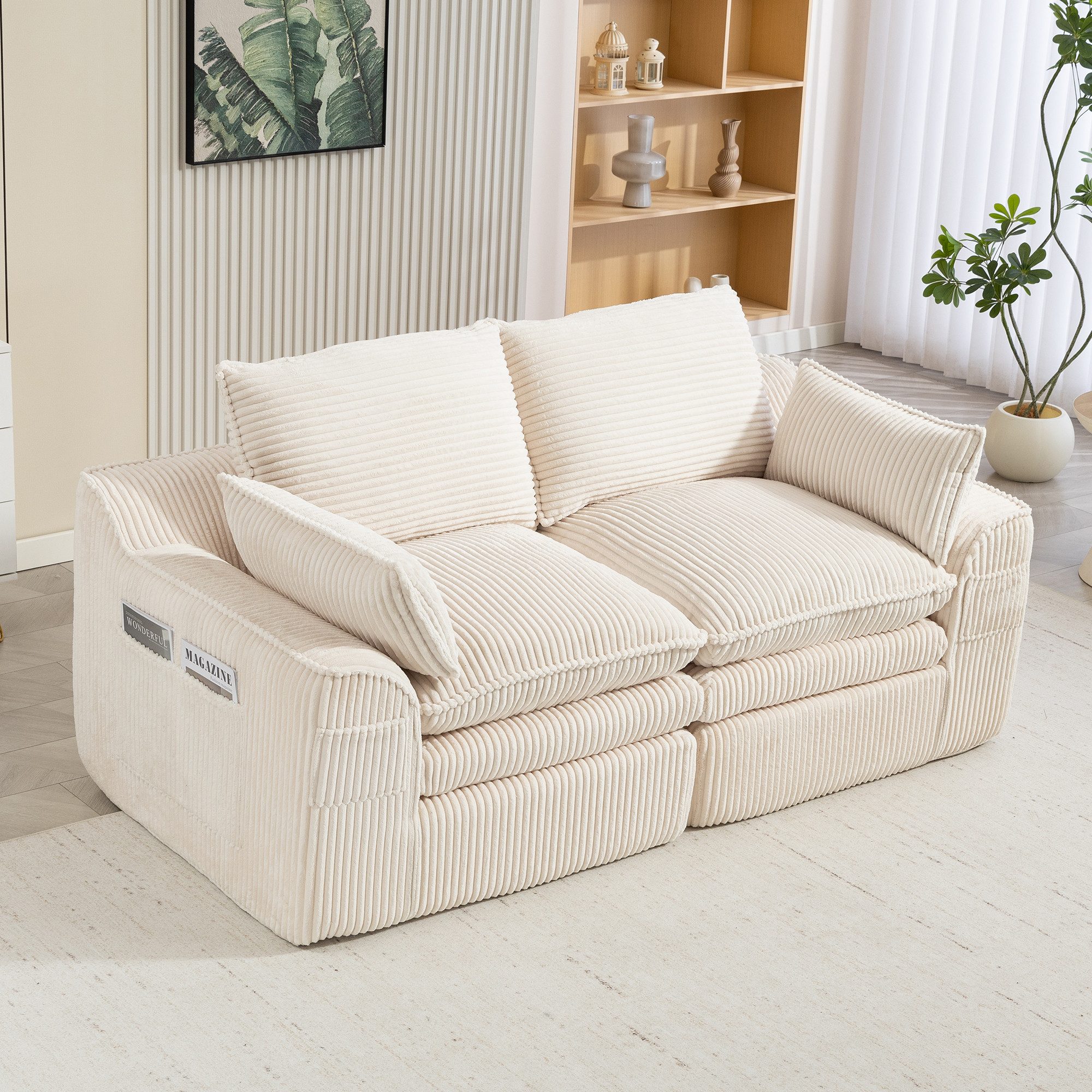 HAUSS SPOLE Loungesofa aus Cordstoff,2-Sitzer Polstersofa Relaxsofa mit Seitentaschen,Beige, Schwammstruktur mit integriertem Federkern, Frei kombinierbar – für Wohnzimmer, Büro & mehr