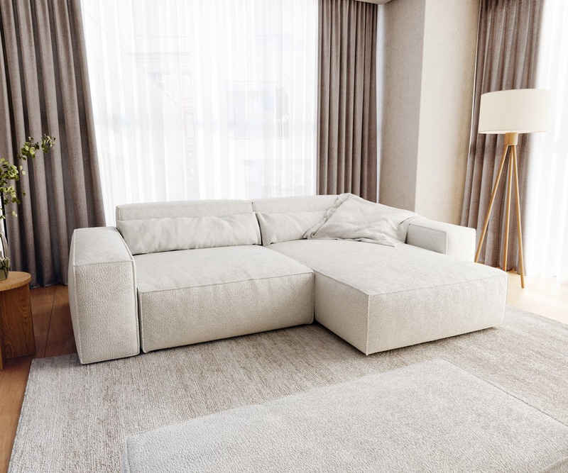 DELIFE Big-Sofa Sirpio, XL Bouclé Creme-Weiß 270x170 cm Recamiere variabel mit Hocker