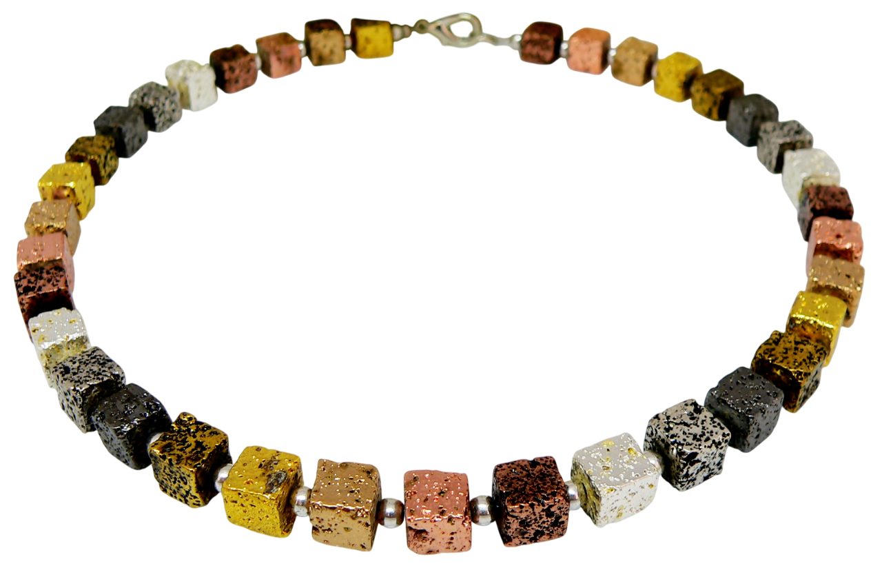 traumschmuck Collier 112f Collier Würfel Lava silber-, gold-, kupfer-, bronzefarben (Geschenk, Muttertag, Weihnachten, Geburtstag, Valentinstag, inkl Schmuckbox), handgefertigt, einreihig