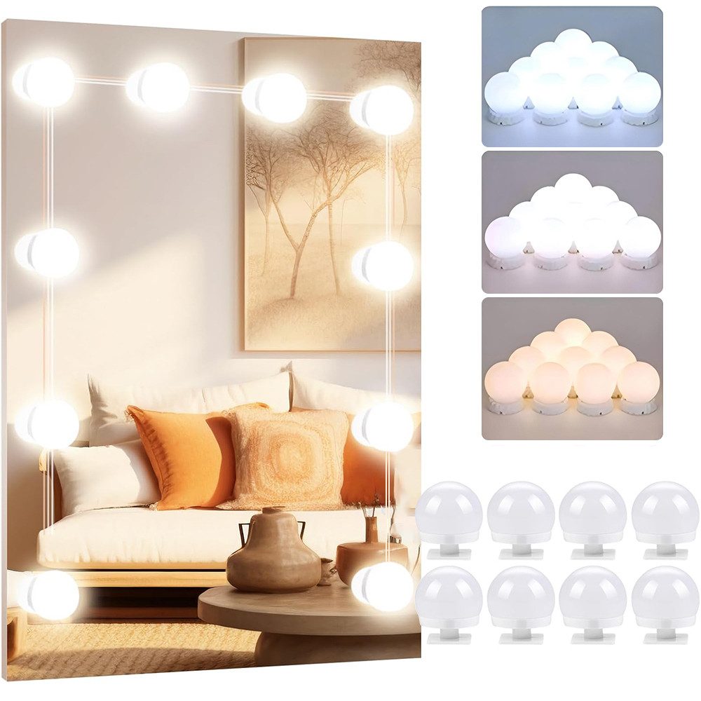 TUWENA LED-Lichtspiegel 3 Farben LED Spiegelleuchte, 9 Helligkeiten Dimmbar Schminklicht (8-St), Schminklicht Spiegellampe, Schminktisch Leuchte mit USB Kabel