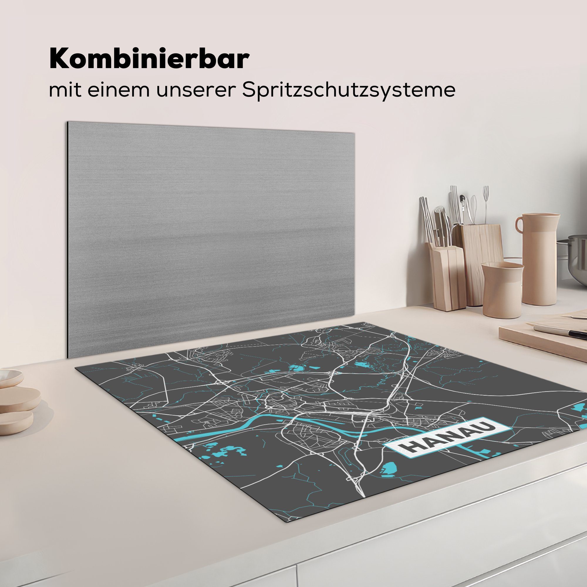 Vinyl, (1 Herdblende-/Abdeckplatte - - Stadtplan küche Karte Blau Deutschland - für MuchoWow Ceranfeldabdeckung, cm, tlg), Hanau, Arbeitsplatte - 78x78