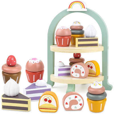 SOTOR Spielküche Spielküche Kinderküche Dessert Holz, Teeservice Zubehör für Spielküche Holz, Teeparty Rollenspiel Geschenk für Kinder Mädchen Jungen