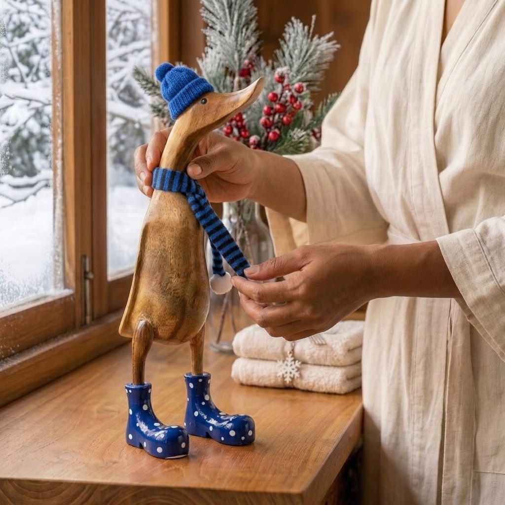 Kinaree Dekofigur Deko Ente Holz mit Schal in verschiedenen Farben Indonesien Holzente, Naturprodukt, Handgefertigt, Unikate, Geschenkideen, Individuell