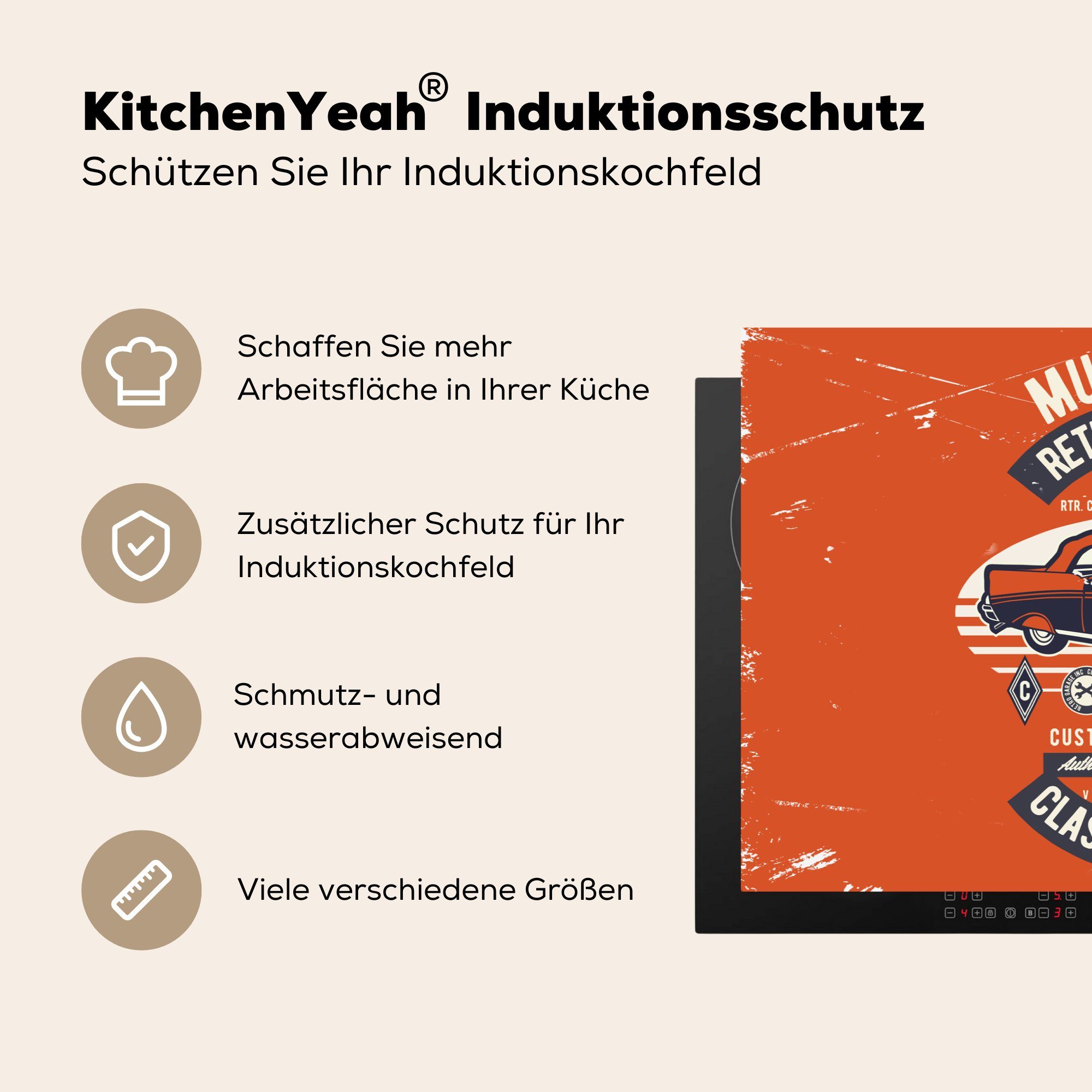 MuchoWow Herdblende-/Abdeckplatte Auto - cm, für die Induktionskochfeld Vinyl, Ceranfeldabdeckung Schutz - (1 küche, tlg), 81x52 Zitat, Oldtimer Orange 