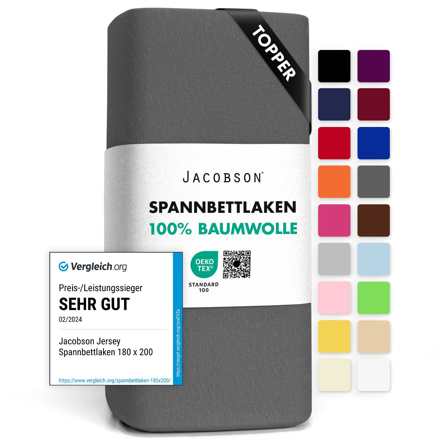 Jacobson Spannbettlaken TOPPER aus 100% Baumwolle, Jersey Bettlaken 160 g/m², Spannbetttuch mit Gummizug, pflegeleicht & viele Farben