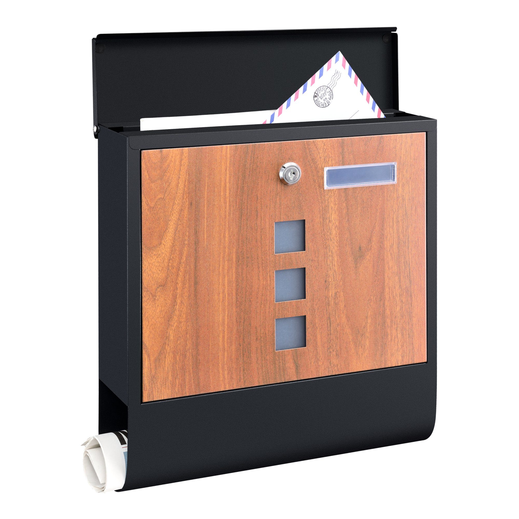 en.casa Wandbriefkasten, »Sanitz« Postkasten 3 Sichtfenstern Anthrazit mit Holz-Optik