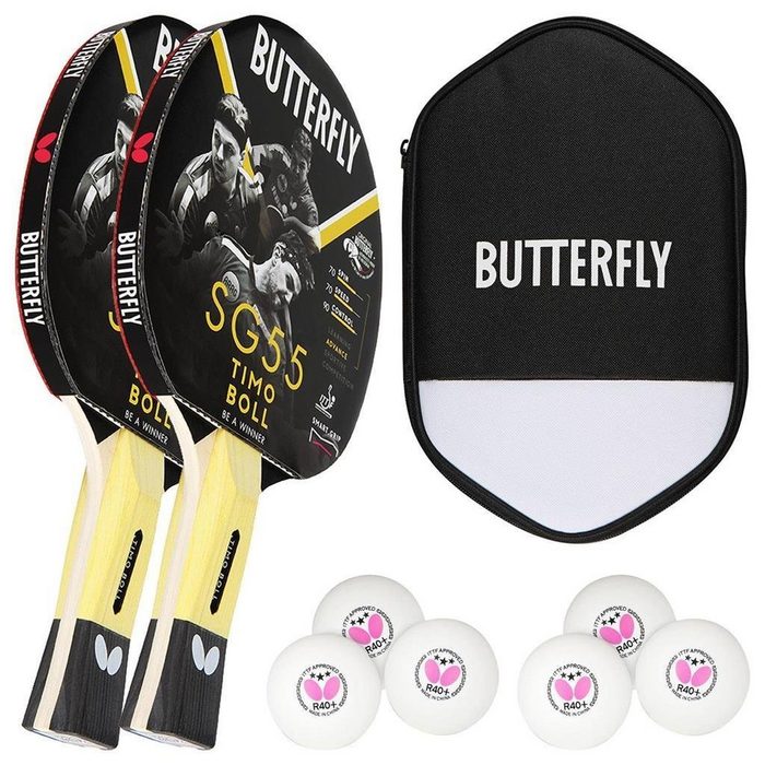 Butterfly Tischtennisschläger 2x Timo Boll SG55 + Cell Case + Bälle Tischtennis Schläger Set Tischtennisset Table Tennis Bat Racket