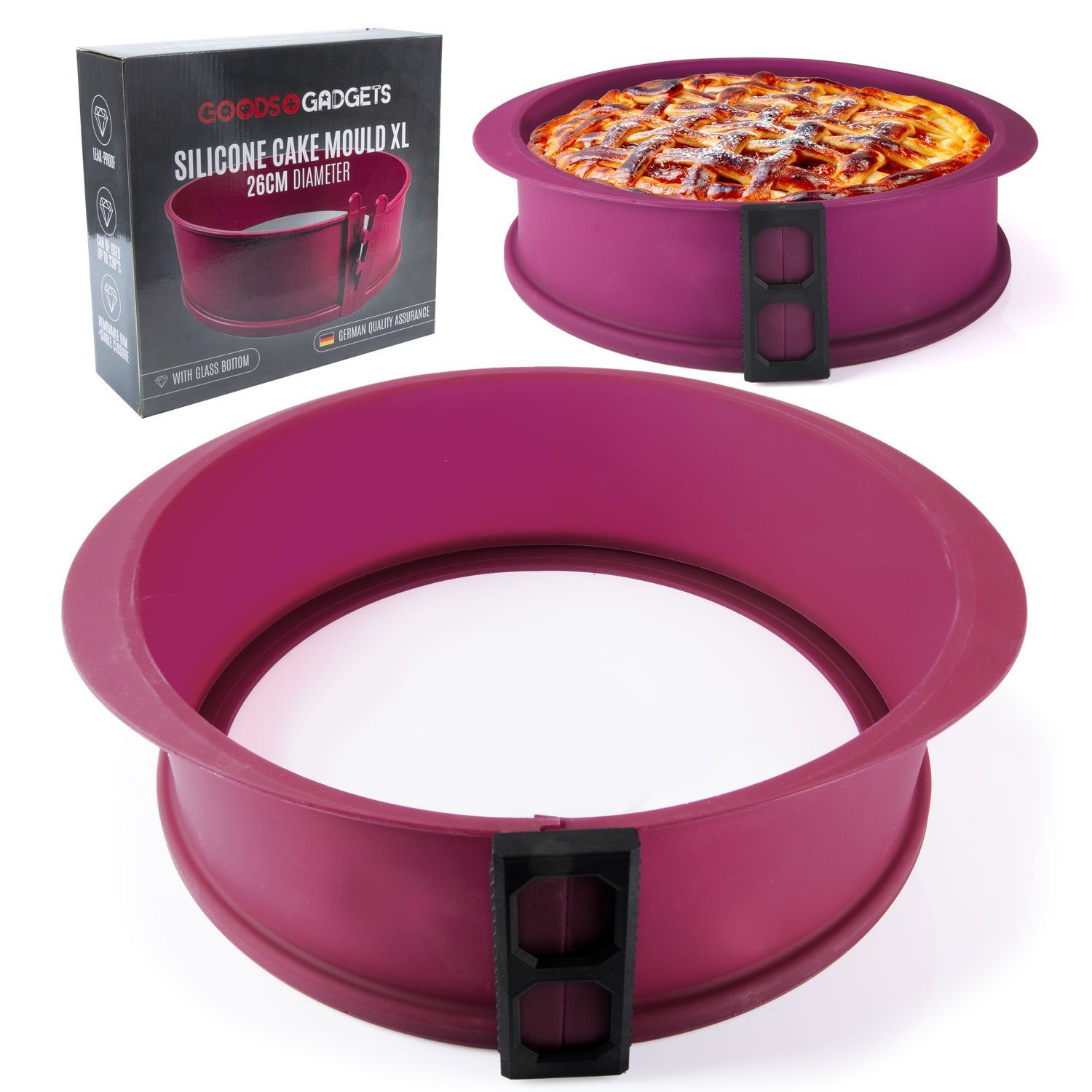 Goods+Gadgets Backform GOODS+GADGETS Silikon Springform Backform 23 cm mit Glasboden, Antihaftbeschichtete Kuchen-Form & Glasboden