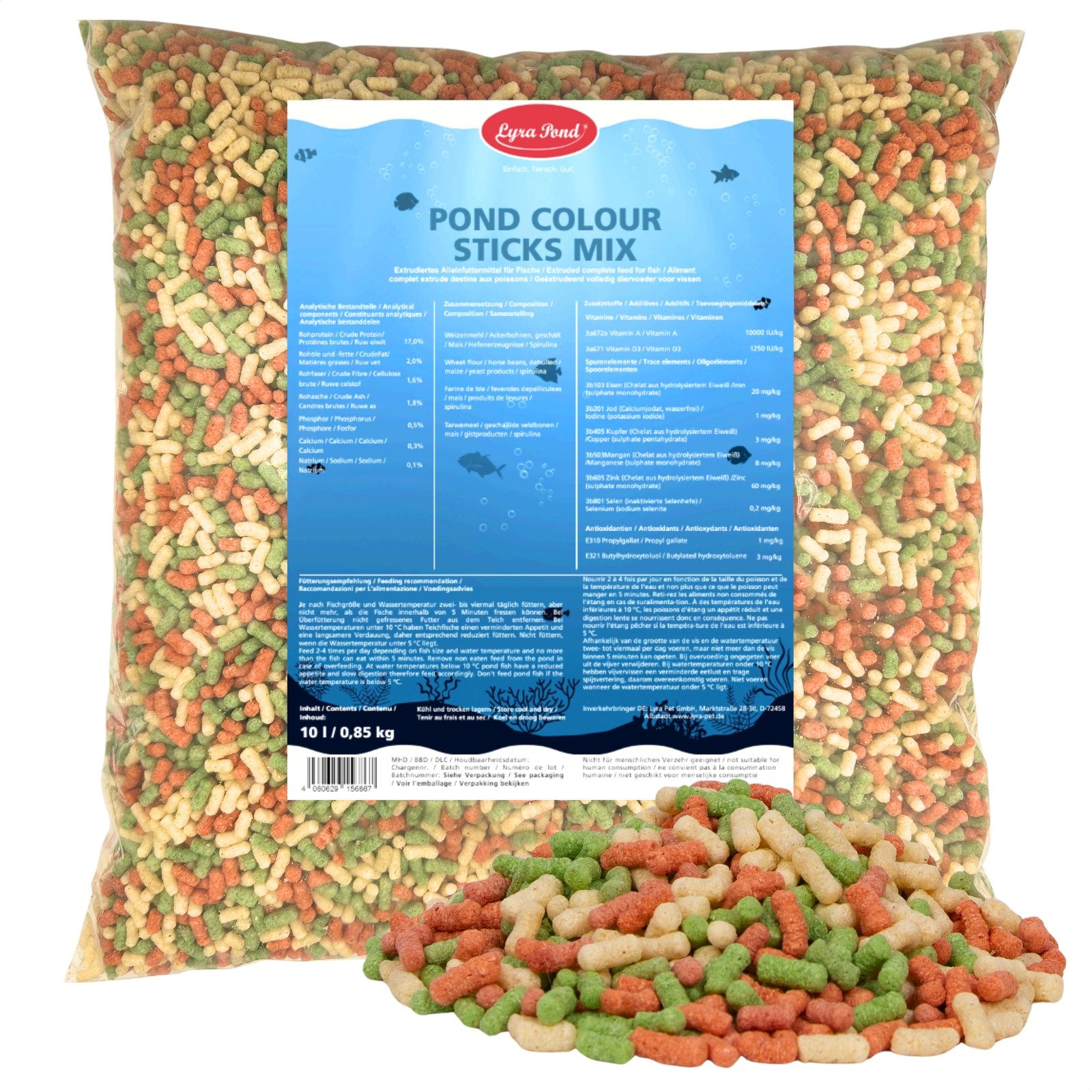 Lyra Pet 10 Liter (0,85 kg) Lyra Pond® Pond Colour Sticks Koi Mix Teichfutter, Hauptfutter für: Fisch