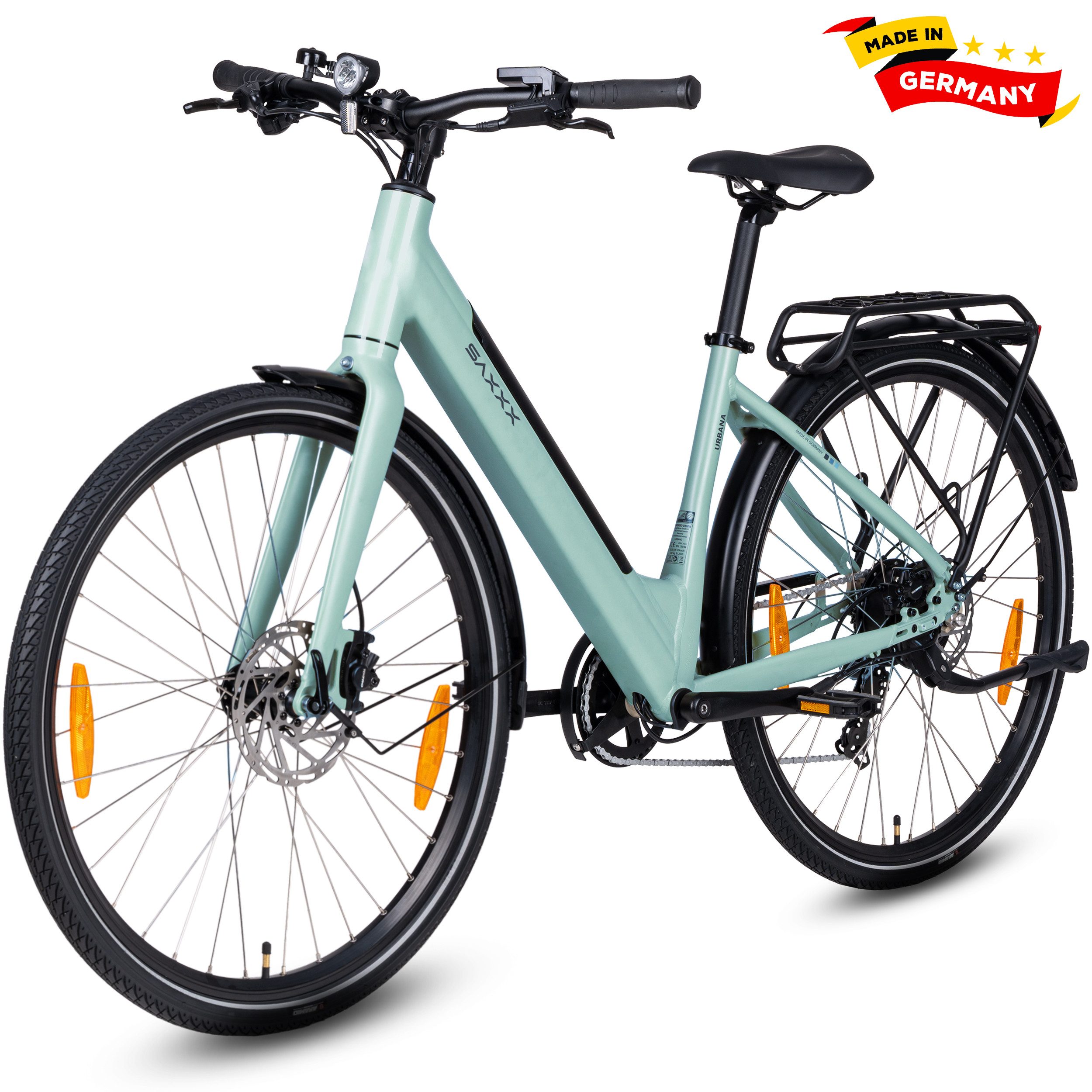 SAXXX E-Bike Cityrad 28 Zoll, Elektrofahrrad bis zu 90km, E-Cityrad, nur 21,5kg, RH: 45cm, 7 Gang Shimano, Kettenschaltung, Heckmotor, 417,6 Wh, Tiefeinsteiger, Farb-LCD, Ananda Hinterradmotor, Tektro hydr. Bremsen