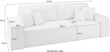 andas 3-Sitzer FINNLEY Schlafsofa 257 cm, Schlaffunktion mit Bettkasten (200/136cm), in Aqua Clean-Bouclé u. Struktur fein