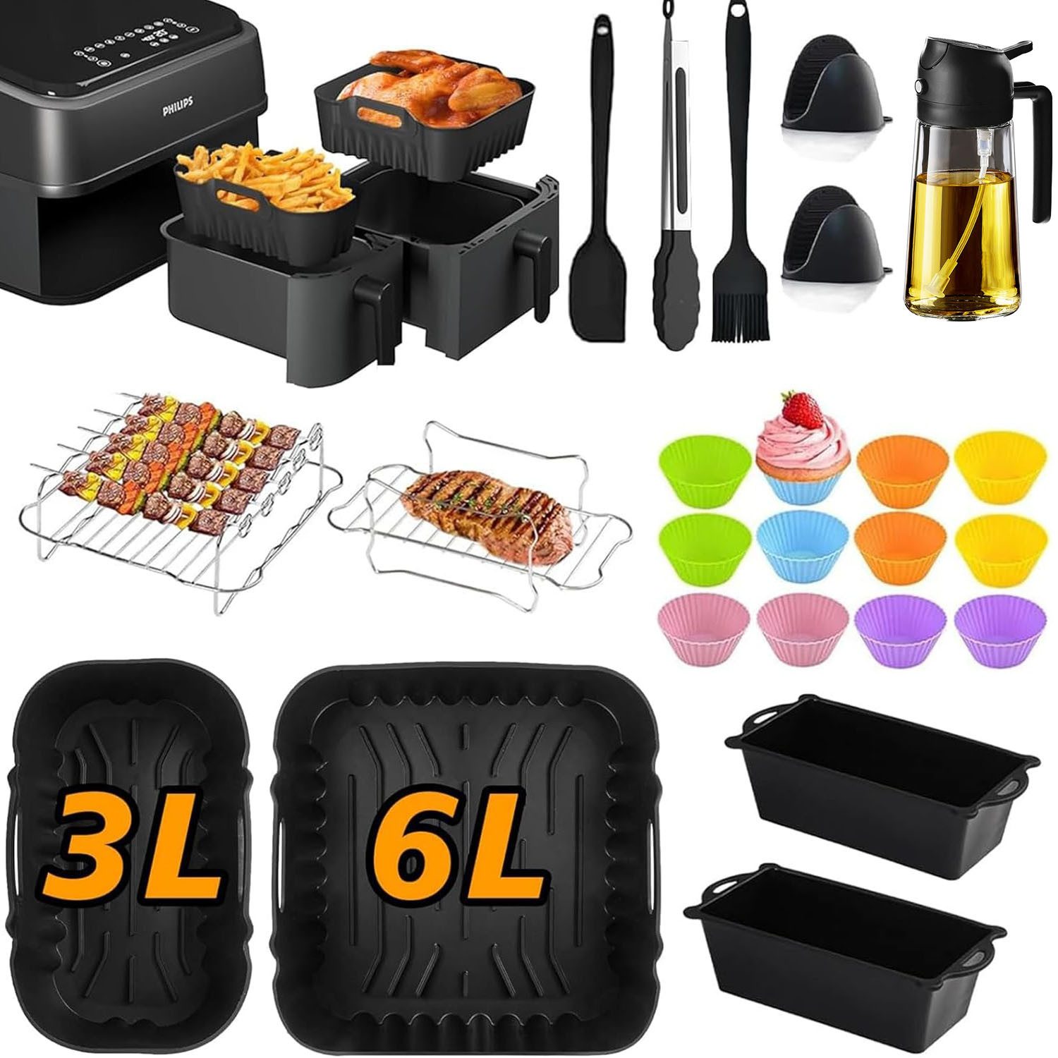 SURFOU Backform Heißluftfritteuse Zubehör für Philips Airfryer Zubehör Ölsprüher, (29-tlg Heißluftfritteuse Zubehör Set für Philips Airfryer Dual Basket 3000/5000 Serie(z. B. NA350/00, NA352/04), und Tefal EY9018 Dual Easy Fry, und die meisten Dual Zone Heißluftfritteusen(3L+6L), Silikonformen, Muffinförmchen, Backformen, Grillrost, Edelstahlspieße, Spießhalter, Silikonhandschuhe, Silikonzange, Öl-Pinsel, Ölsprüher 29-tlg), Schnell zubereitet, gesund, fettarm