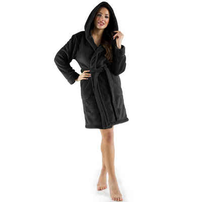 CelinaTex Bademantel Morgenmantel Damen kurz Fleece Kapuze flauschig Korfu L schwarz, Polyester