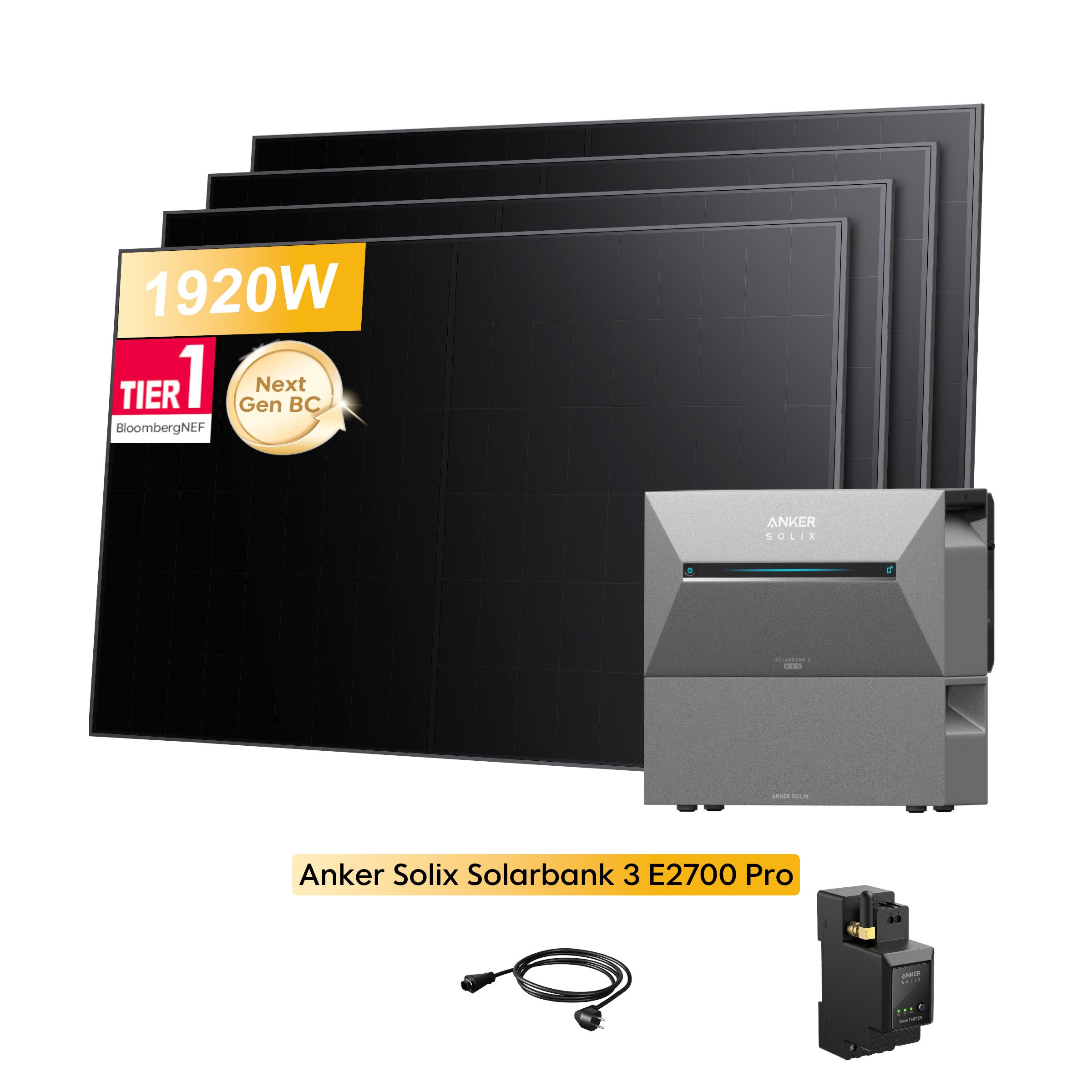 Anker Balkonkraftwerk 1920W Anker SOLIX Solarbank 3 E2700 Pro All-in-One 2,668kWh, (mit 1x /2x BP2700 Erweiterungsakku (Optional), inkl. Smart Meter und 4* Sunpro BC 480W Solarmodule), Speicher mit integriertem Wechselrichter
