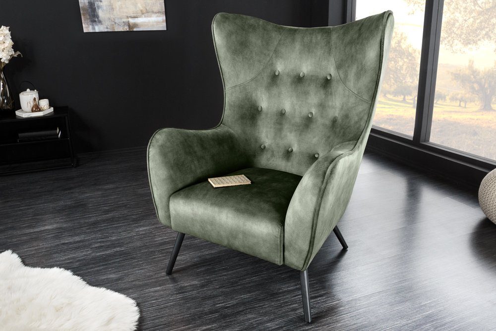 riess-ambiente Ohrensessel AMSTERDAM grün / schwarz (Einzelartikel, 1-St), Wohnzimmer · Samt · Metall · XL · Relax · Schlafzimmer · Retro Design grün | grün