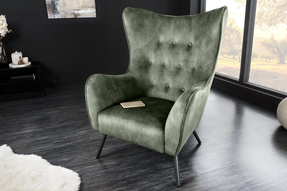 riess-ambiente Ohrensessel AMSTERDAM grün / schwarz (Einzelartikel, 1-St), Wohnzimmer · Samt · Metall · XL · Relax · Schlafzimmer · Retro Design