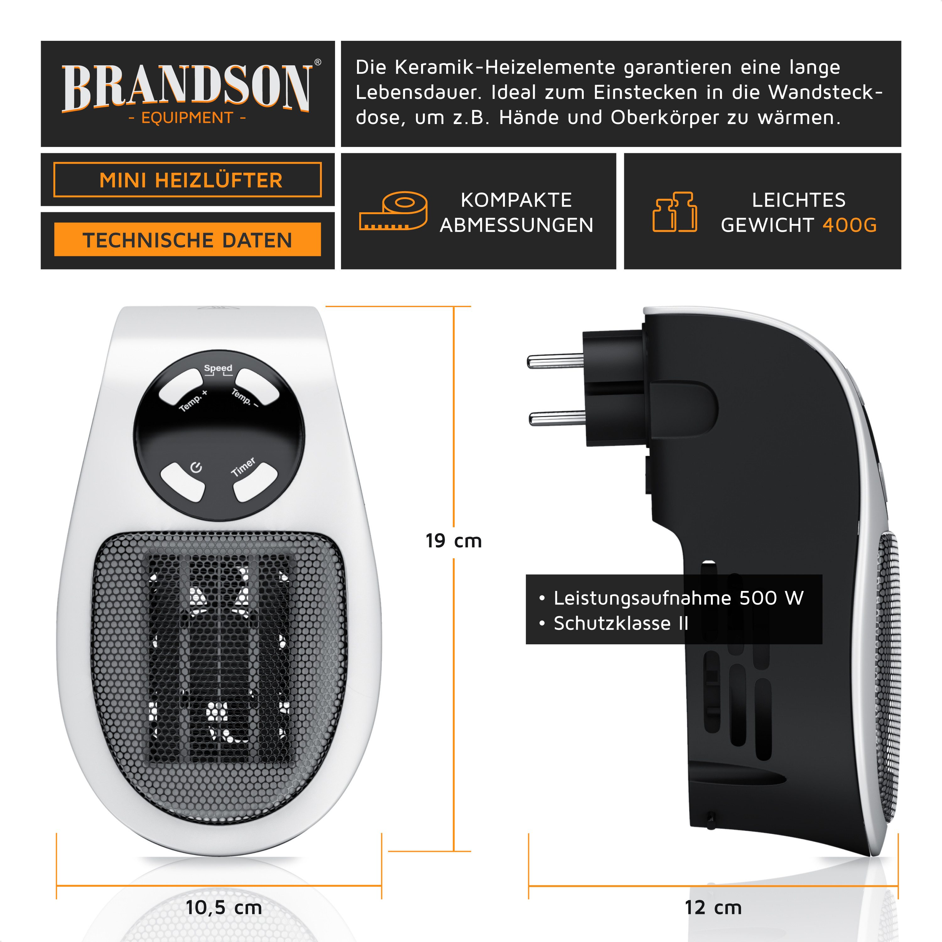 Brandson Keramikheizlüfter Steckdosen Mini Keramikheizgerät mit Temperaturregelung, Fernbedienung, 500 W, energiesparend, Mini Heizung, Thermostat, Timer, für B – Bild 2 von 5