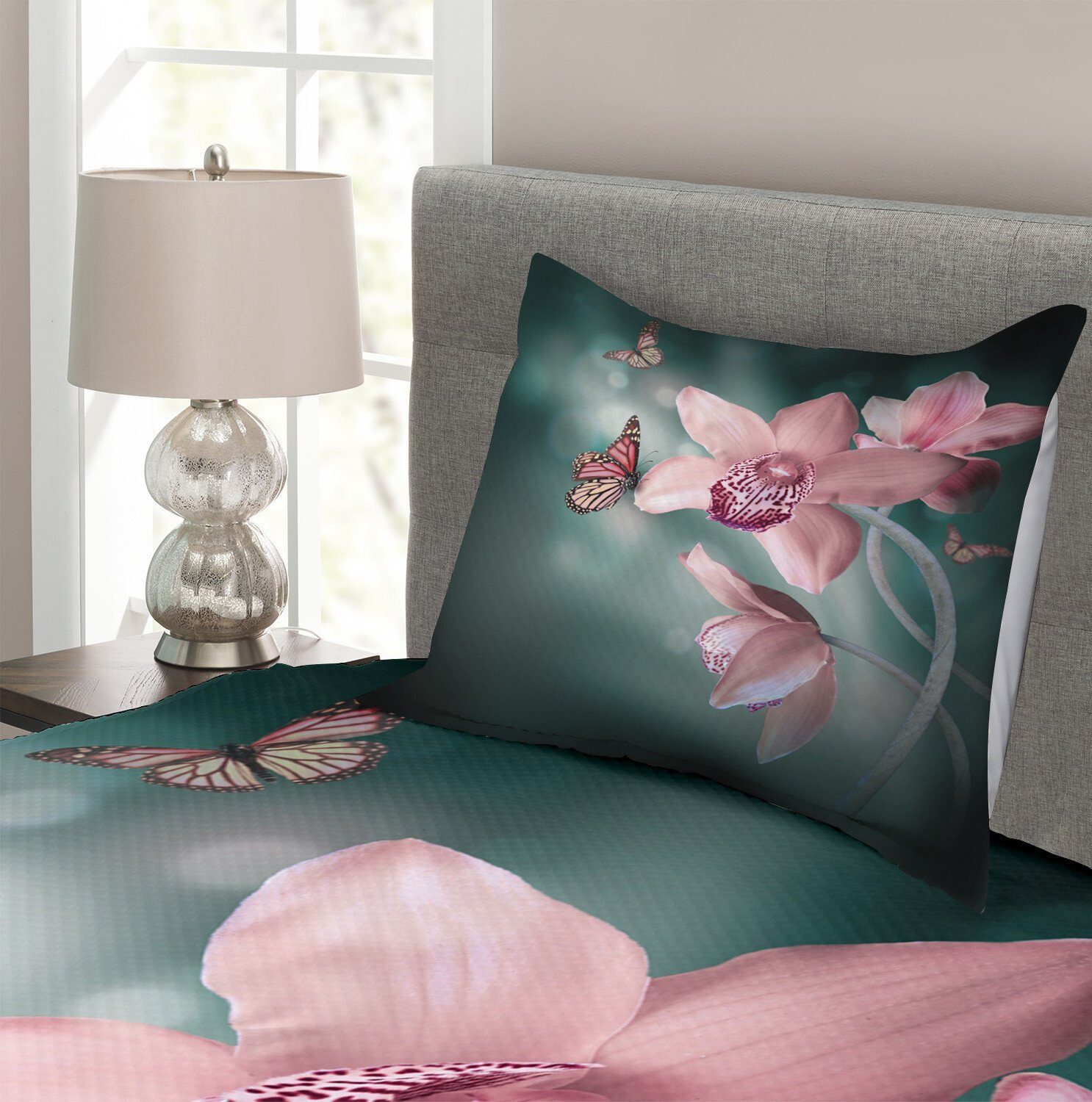 Tagesdecke Set mit Kissenbezügen Orchideen-Blume Schmetterling Abakuhaus, Blumen Waschbar