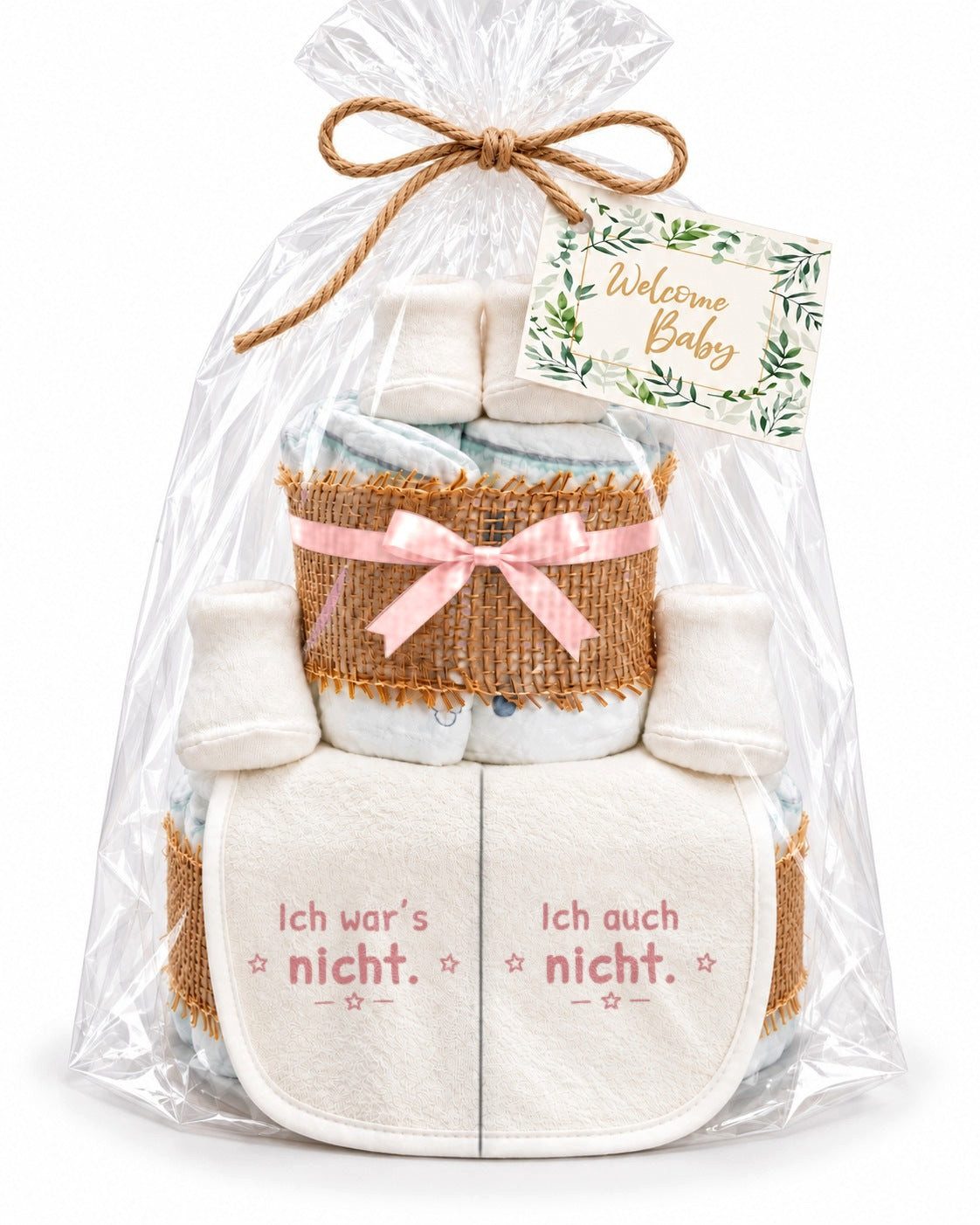 dubistda-WINDELTORTEN- Neugeborenen-Geschenkset Zwillings-Windeltorte „Ich war’s nicht.“ & „Ich auch nicht.“ (Set, Windeltorte mit 2 Lätzchen und 2 Paar Babysocken) handgemacht in Deutschland