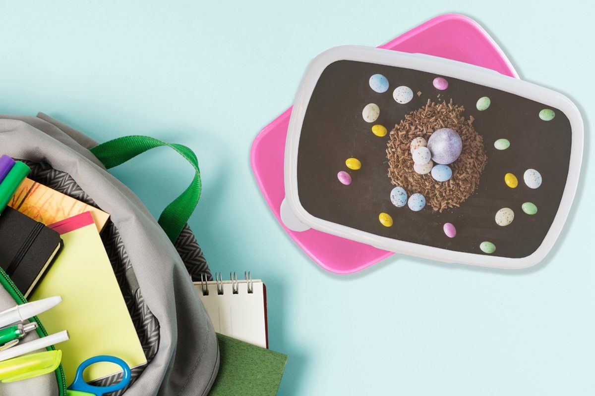 Kinder, Brotbox Brotdose Erwachsene, für rosa Mädchen, Kunststoff, - Ostern, MuchoWow (2-tlg), Kunststoff Ostereier Regenbogen - Snackbox, Lunchbox