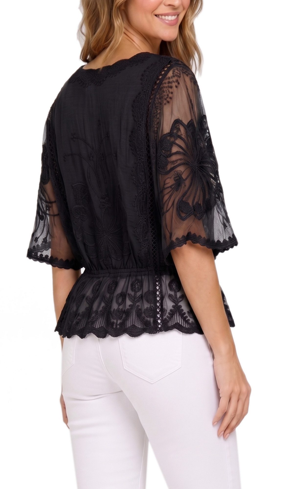 dy_mode Spitzenbluse Damen Sommerbluse mit Spitze Kurzarm Oberteil Einfarbig Transparent in Unifarbe, transparenten Ärmel