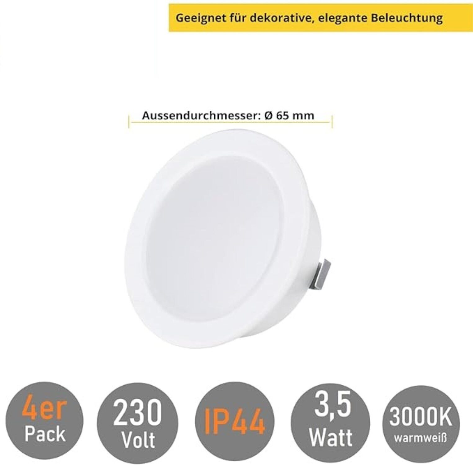 Sweet LED LED Einbaustrahler 4er Set Möbel Einbaustrahler IP44 Bad 3,5W weiß 230V flach warmweiß, LED fest integriert, 3000 K, Deckenspots, Deckenstrahler,Einbauleuchten