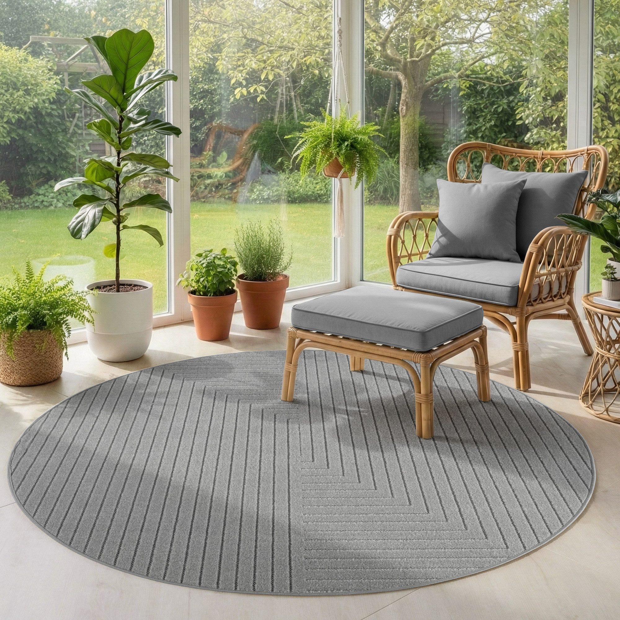 SIMPEX24 Outdoorteppich Skandinavischer 3D Design, Rund, Höhe: 5 mm, Outdoor Teppich Wetterfest Modern Wohnzimmer Küchen Terrasse Balkon